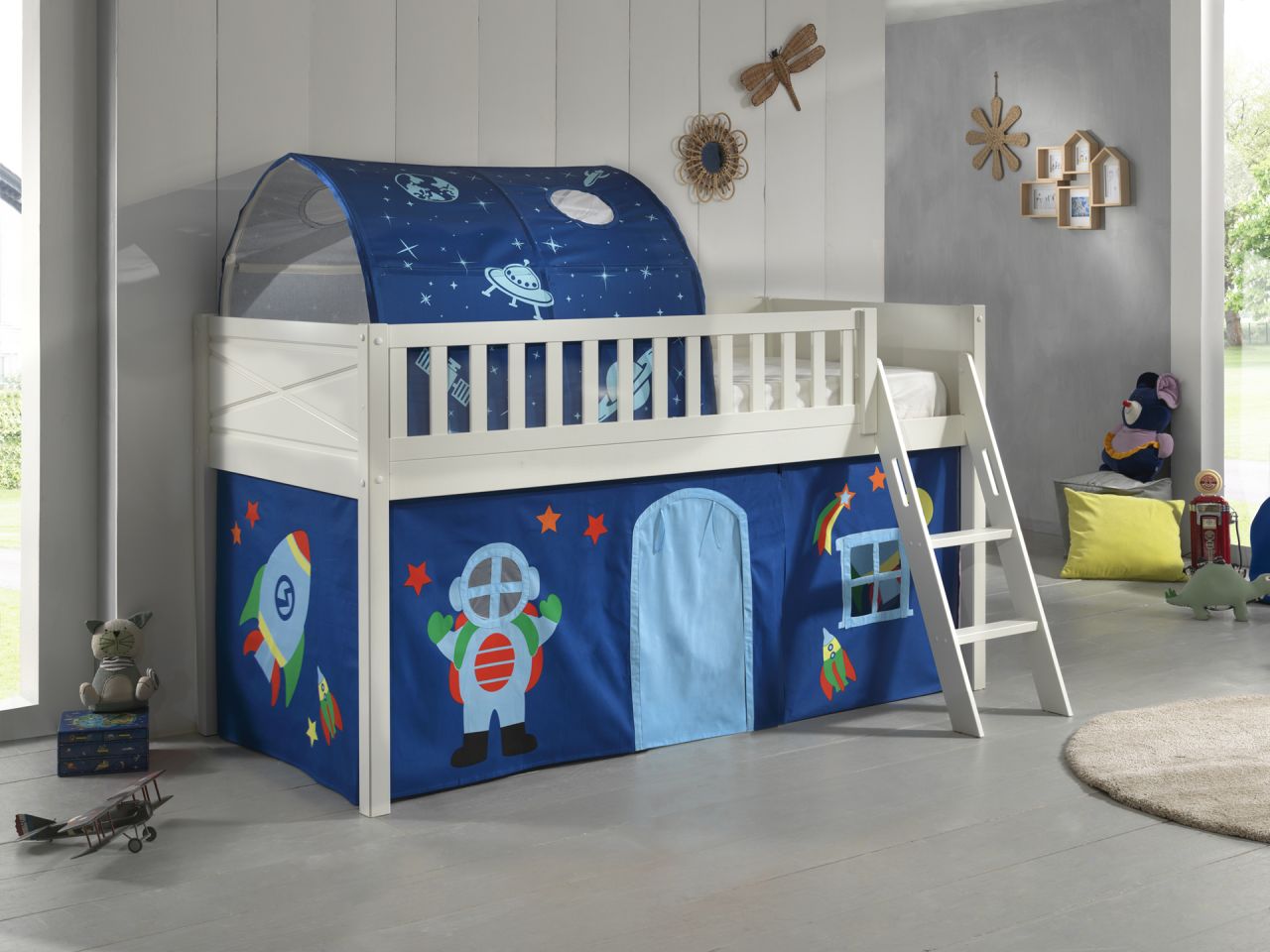 Set Spielbett Vorhang Lattenrost Hochbett Kinderbett 90×200 Weltall Astronauten