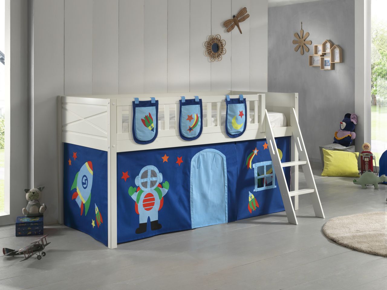 Set Spielbett Vorhang Lattenrost Hochbett Kinderbett 90×200 Weltall Astronauten