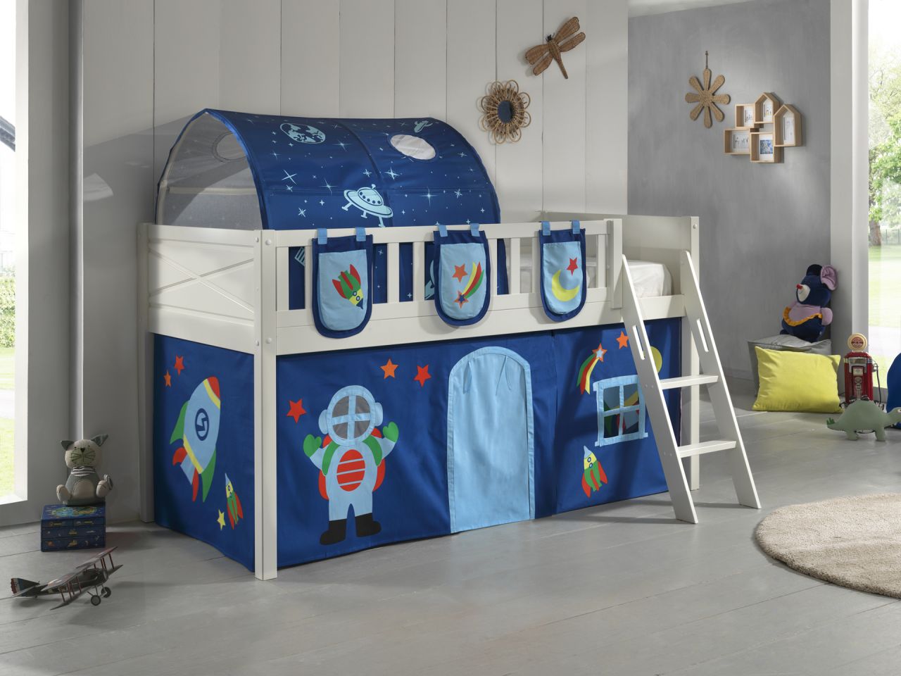 Set Spielbett Vorhang Lattenrost Hochbett Kinderbett 90×200 Weltall Astronauten