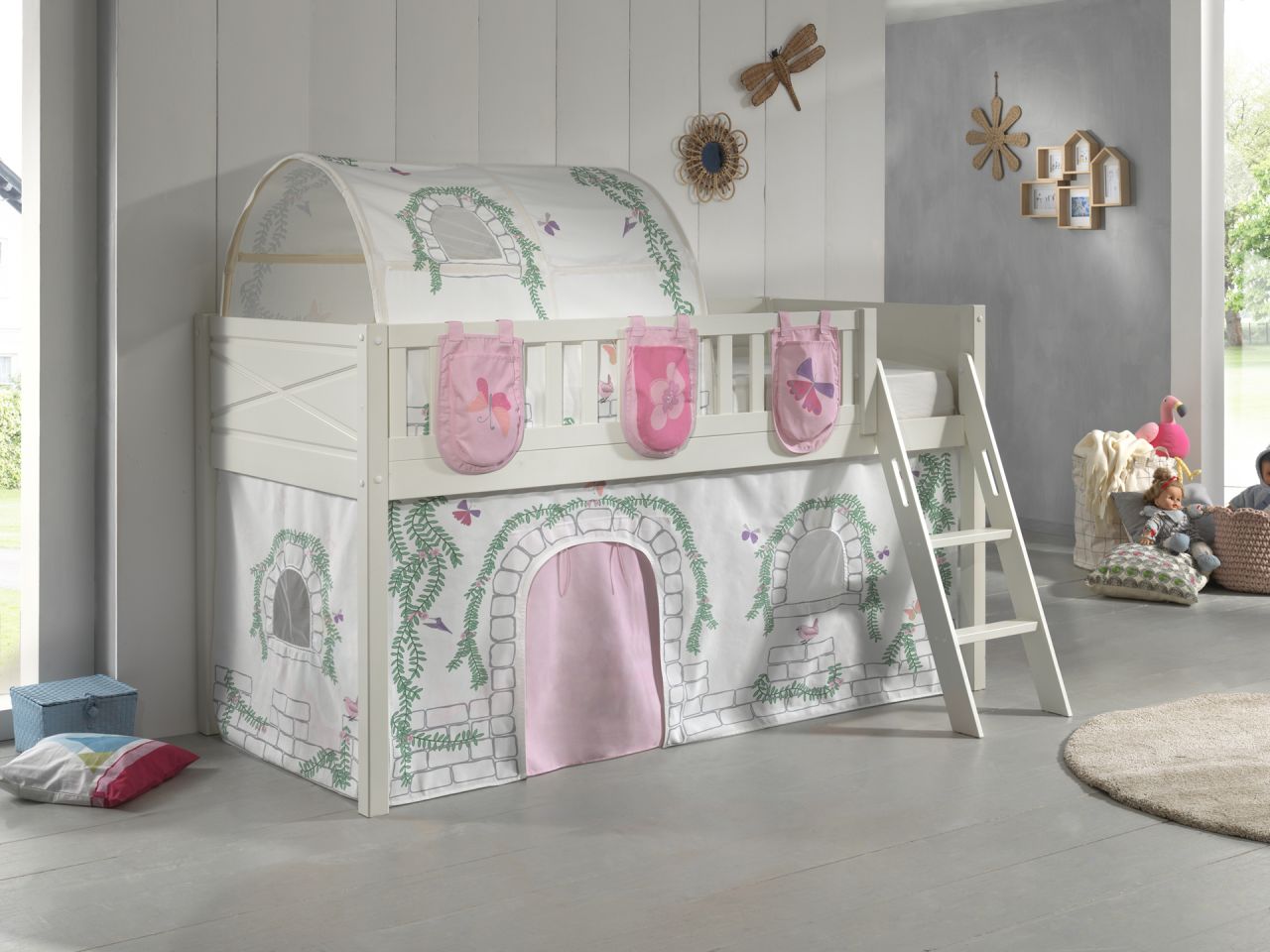 Set Spielbett Vorhang Lattenrost Hochbett Kinderbett 90×200 rosa Prinzessin weiß