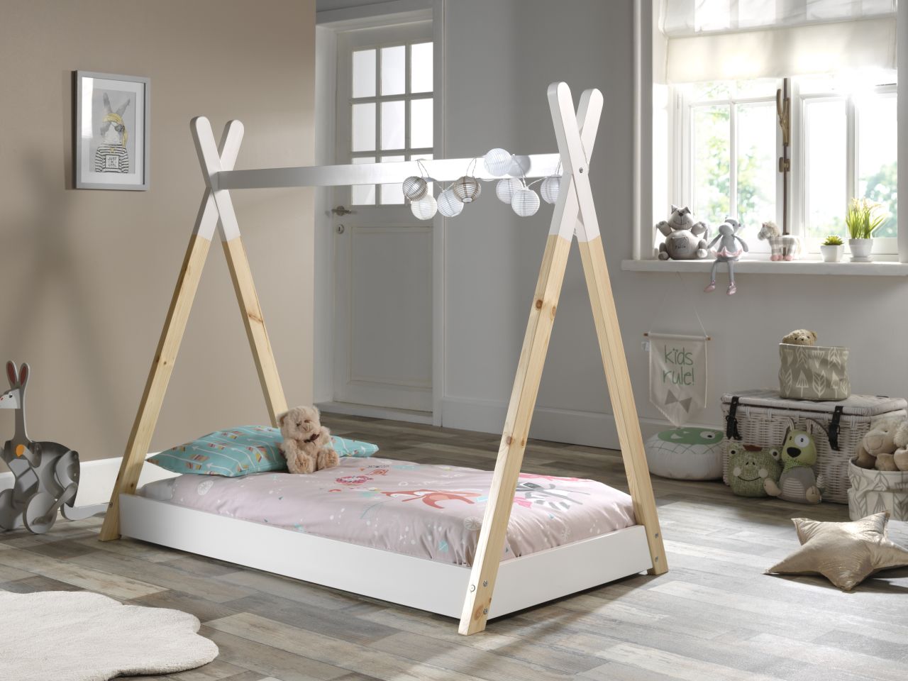 Set Tipi Zelt Bett Matratze 70×140 Kinderbett Lattenrost Hausbett Möbel Weiss