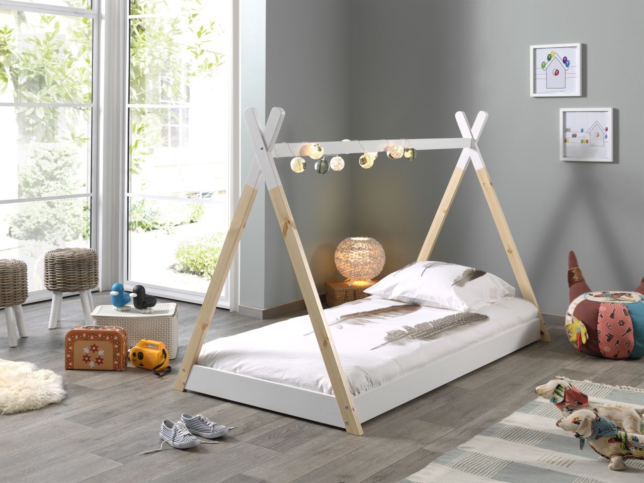 Set Tipi Zelt Bett Matratze 90×200 Kinderbett Lattenrost Hausbett Möbel Weiss