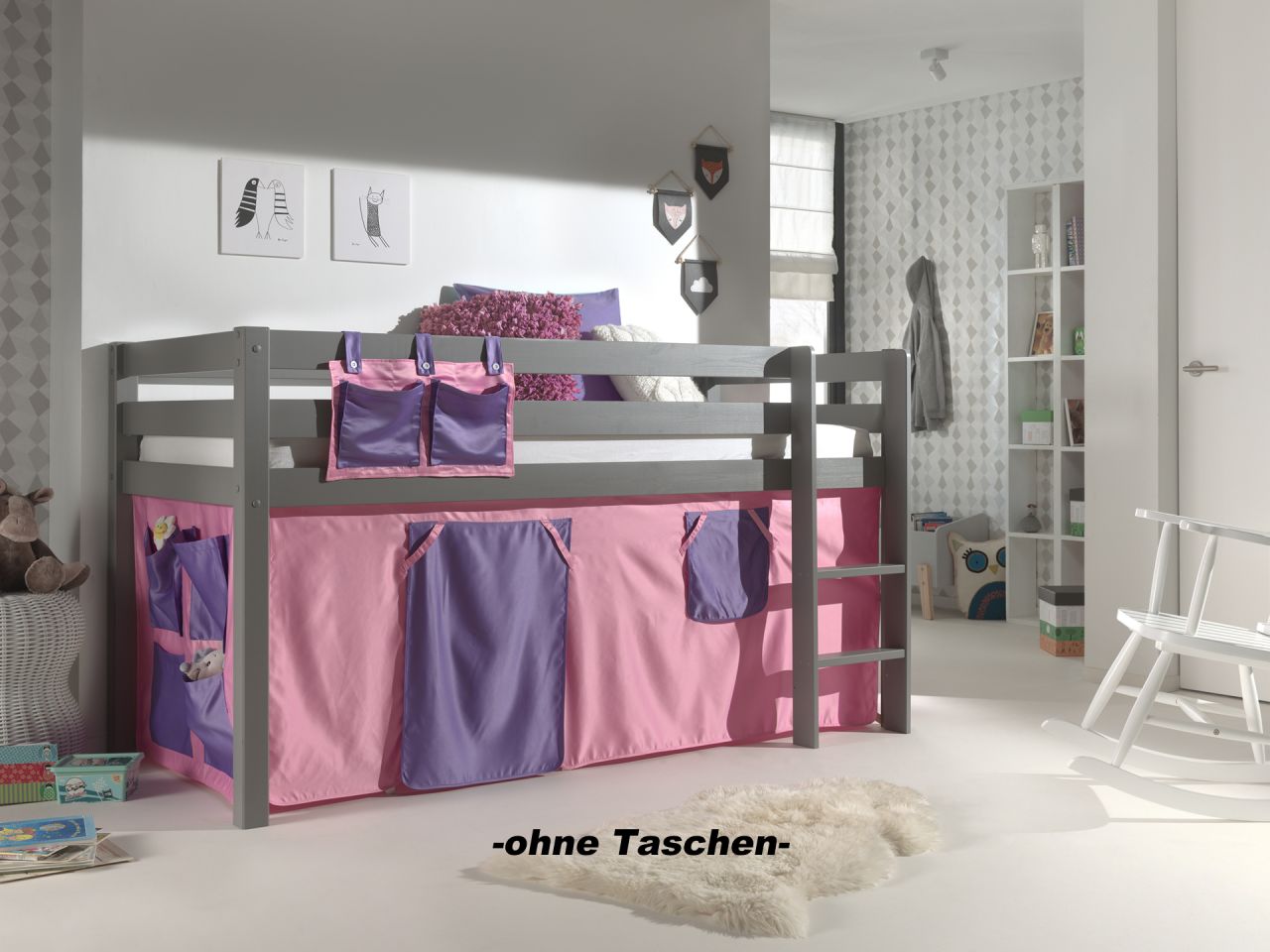 Set Spielbett Textilset 90×200 Kinderbett Lattenrost Hochbett Pino rosa grau