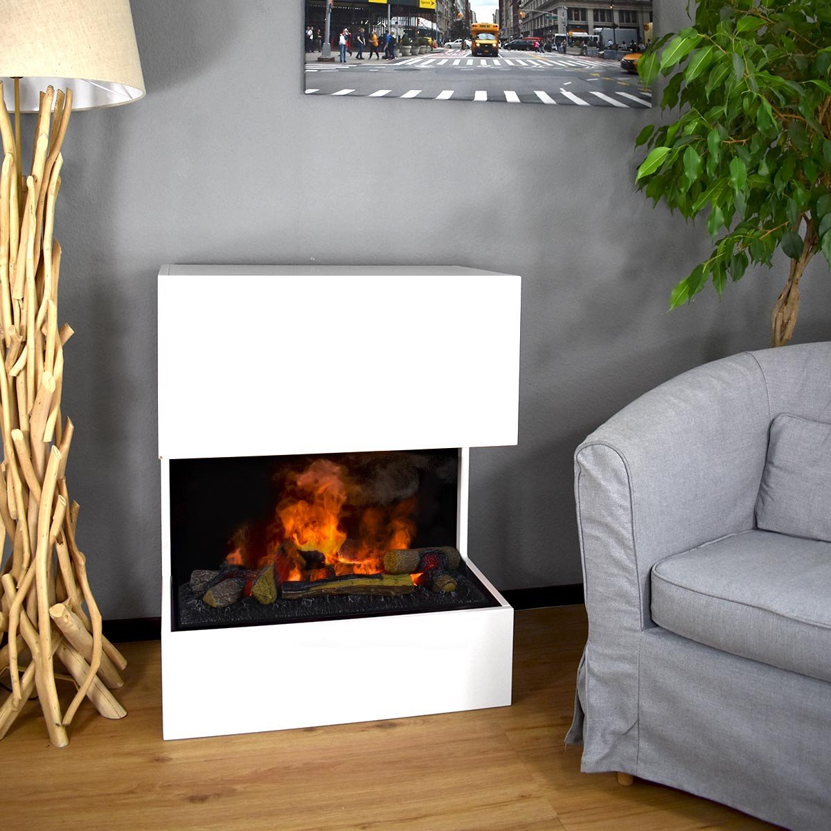 Glow Fire Kästner Elektrokamin Weiß OMC 600 mit Deluxe Echtholzdekoration