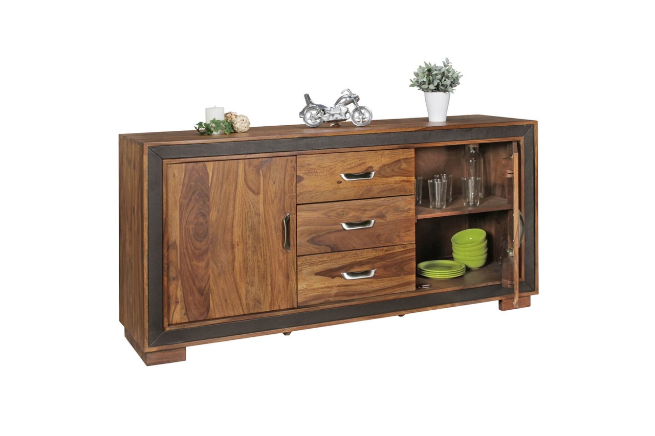 tinkaro Sideboard rechteckig SIBYLLA Sheesham Massivholz mit Kunstleder Kommode Braun