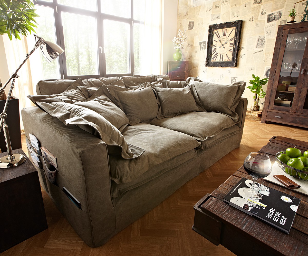 DELIFE Hussensofa Noelia 240×145 cm Braun Couch mit Kissen, Big Sofas