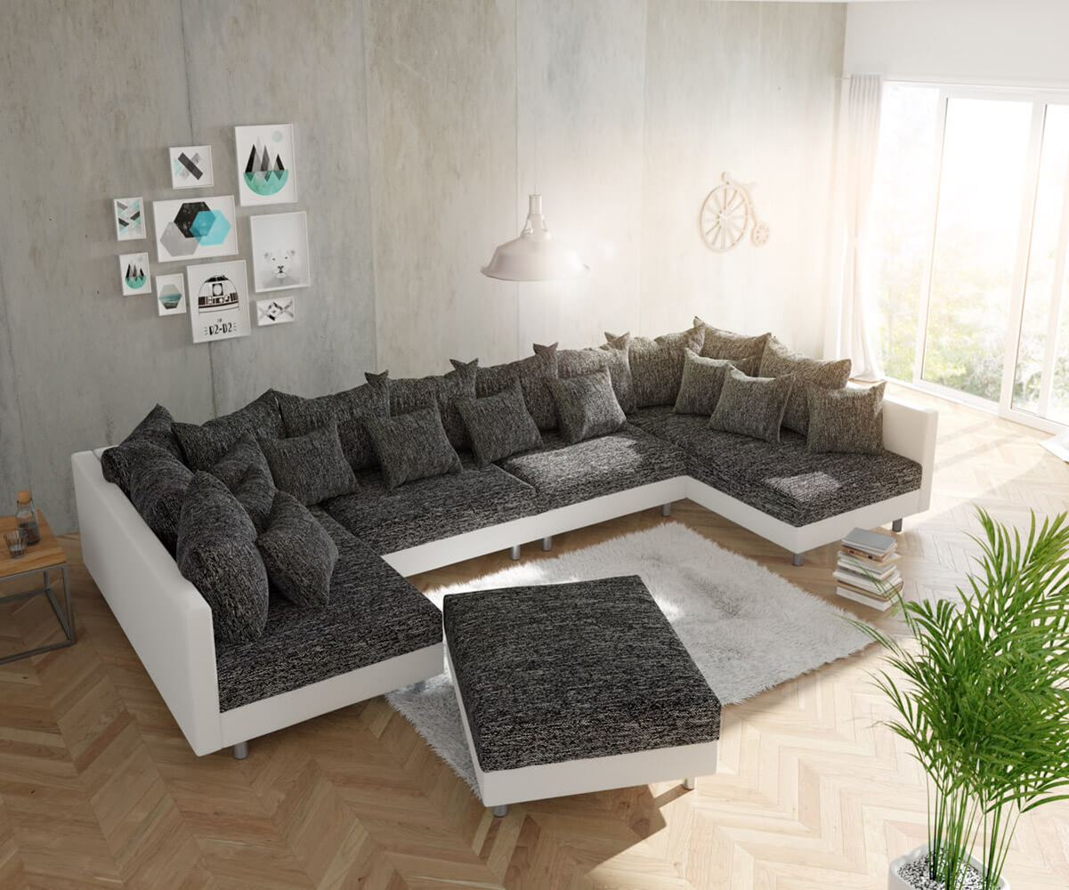 DELIFE Wohnlandschaft Clovis XL Weiss Schwarz mit Hocker modular, Design Wohnlandschaften, Couch Loft, Modulsofa, modular
