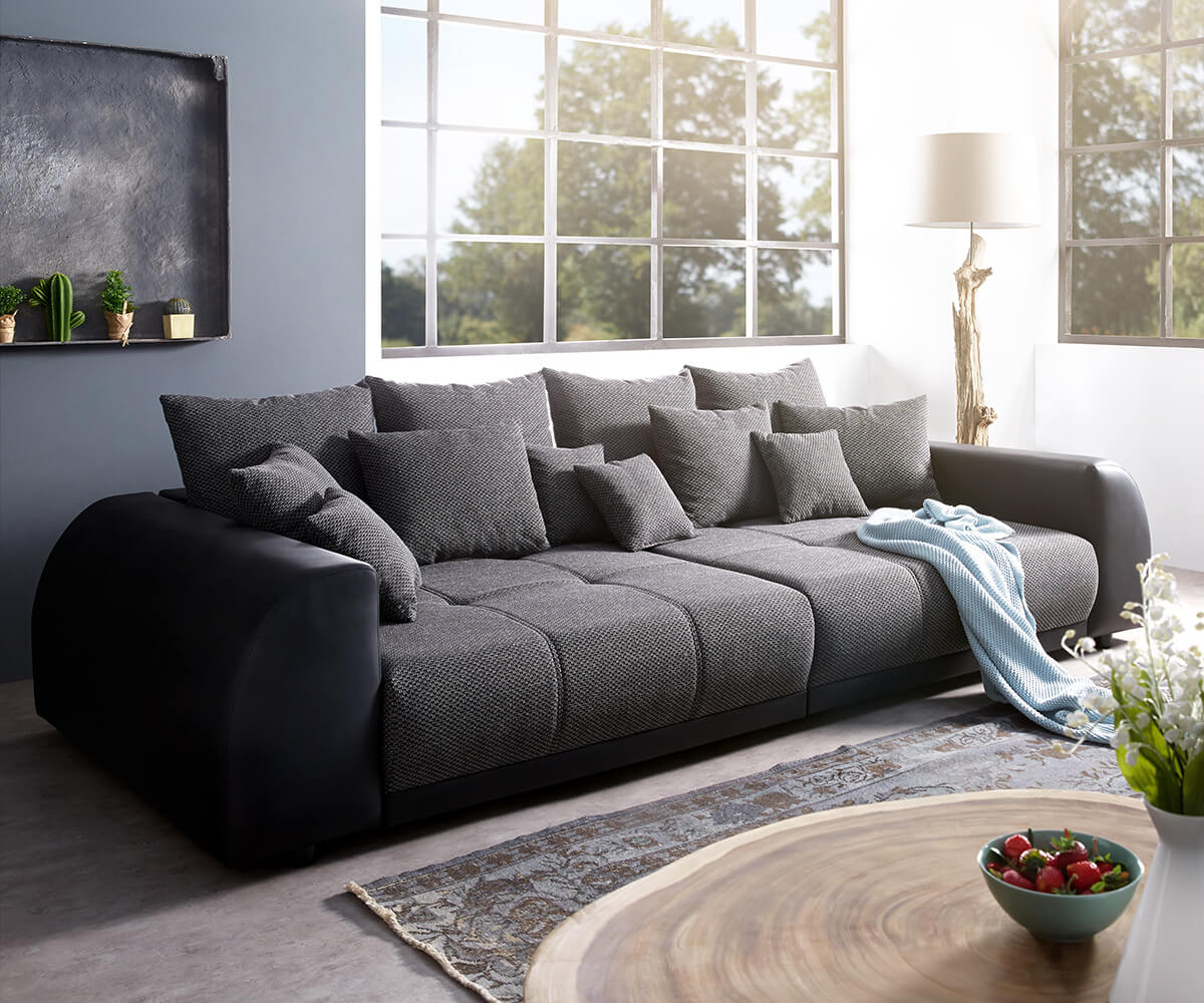DELIFE Big-Sofa Violetta 310×135 cm Schwarz inklusive Kissen, Big Sofas