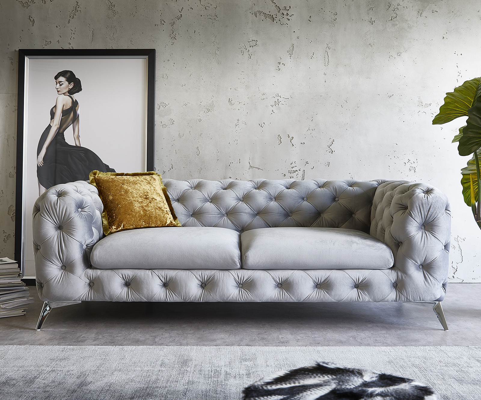 DELIFE Couch Corleone 225×97 cm Samt Grau 3-Sitzer Sofa, 3 Sitzer