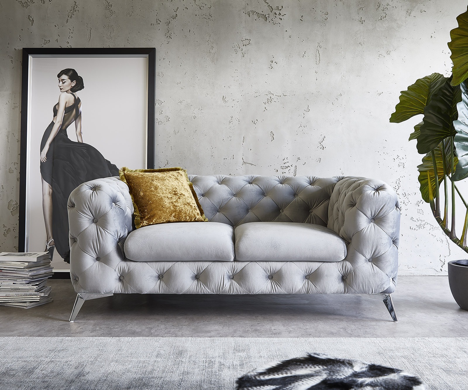 DELIFE Couch Corleone 185×97 cm Samt Grau Chrome 2-Sitzer Sofa, 2 Sitzer