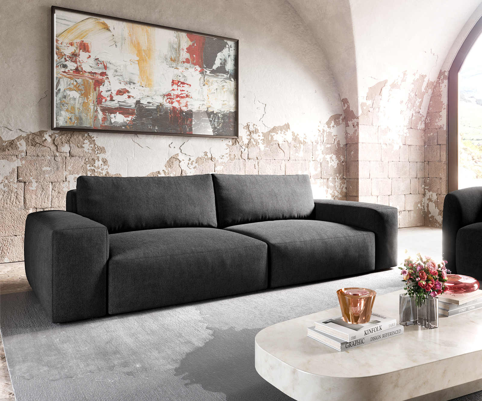 DELIFE Big-Sofa Lanzo XL 270×130 cm Mikrofaser Schwarz, Big Sofas