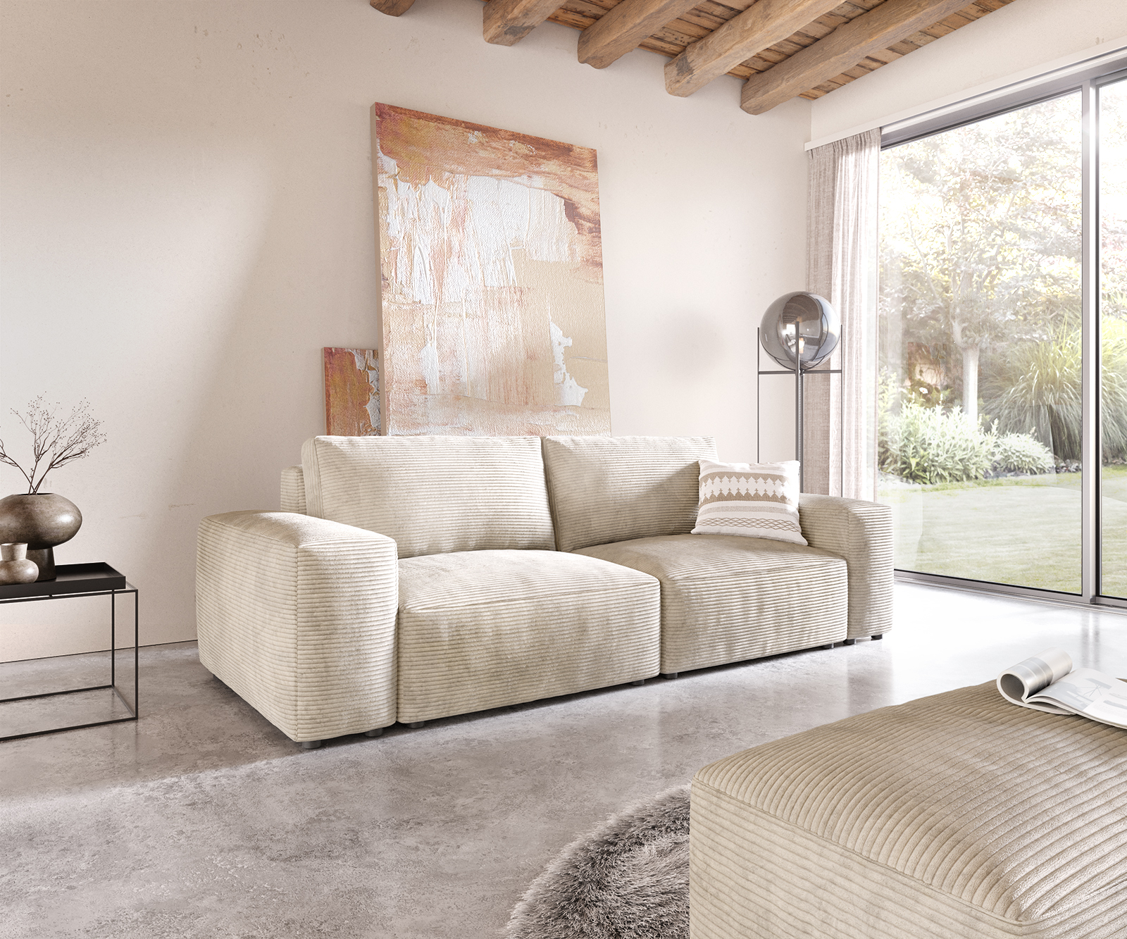 DELIFE Big-Sofa Lanzo L 260×110 cm Cord Beige mit Hocker, Big Sofas