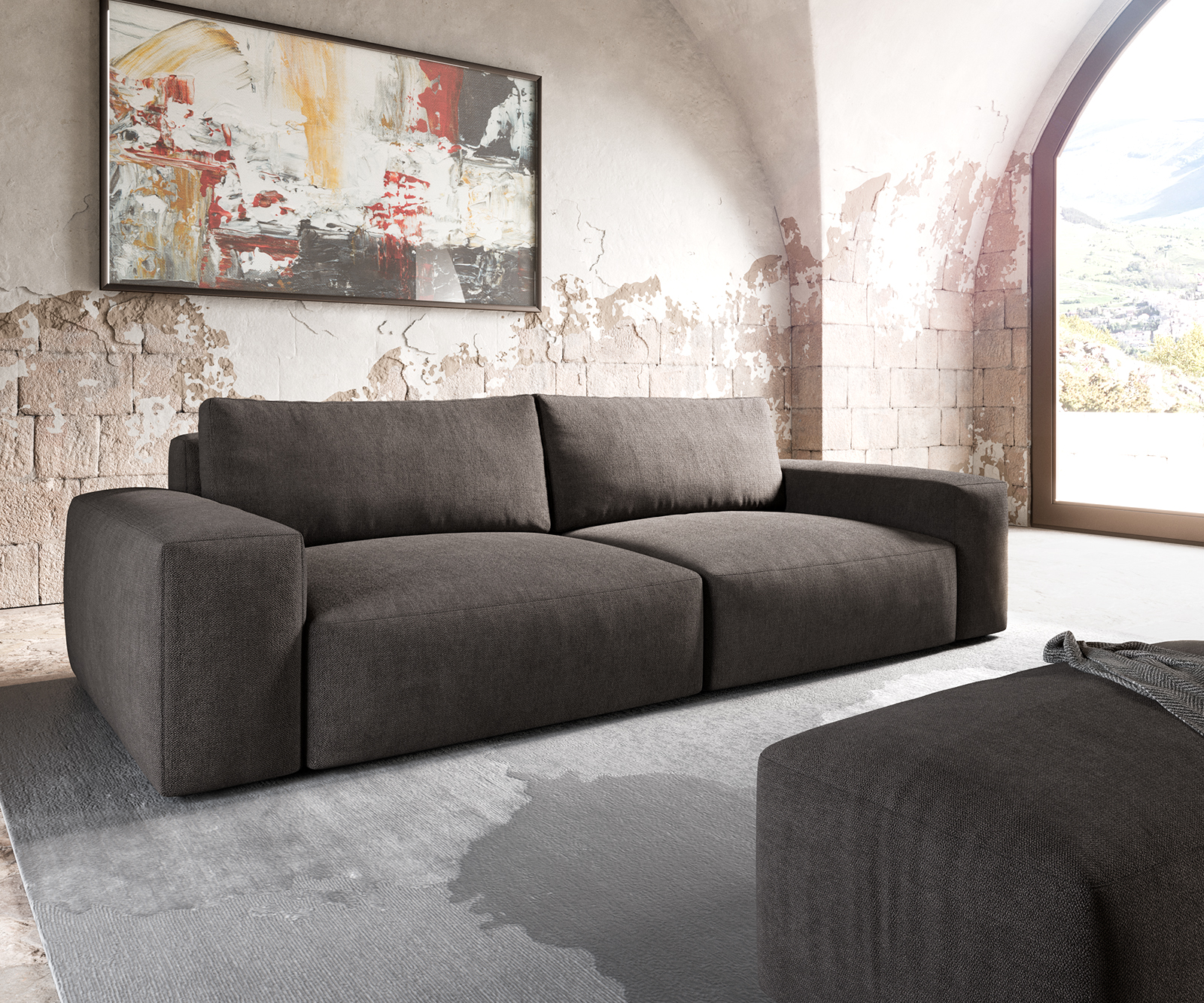 DELIFE Big-Sofa Lanzo XL 270×130 cm Mikrofaser Khakibraun mit Hocker, Big Sofas