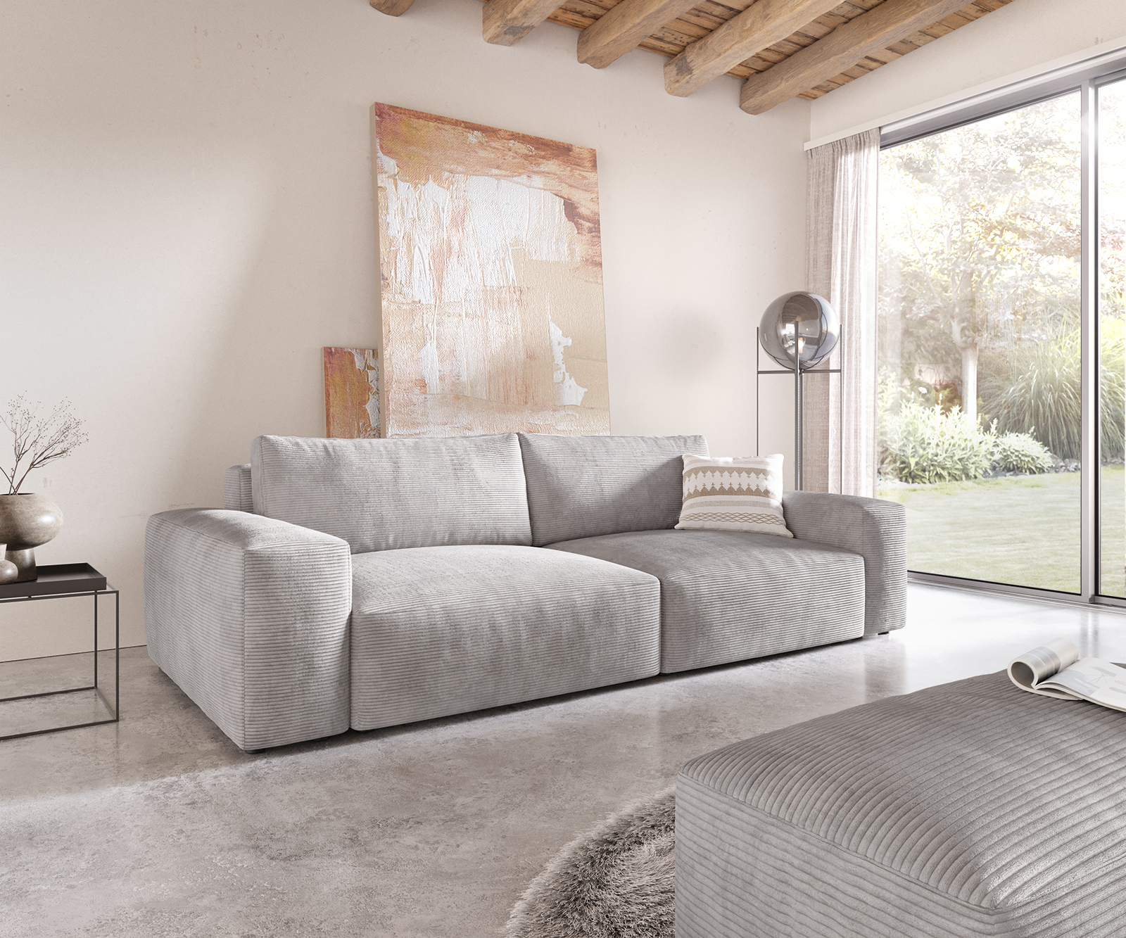 DELIFE Big-Sofa Lanzo XL 270×130 cm Cord Silbergrau mit Hocker, Big Sofas