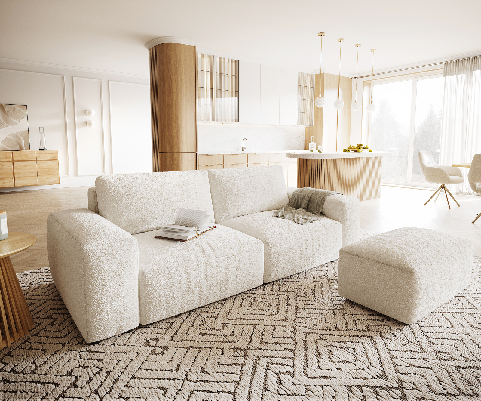 DELIFE Big-Sofa Lanzo XL 270×130 cm Bouclé Creme-Weiß mit Hocker, Big Sofas