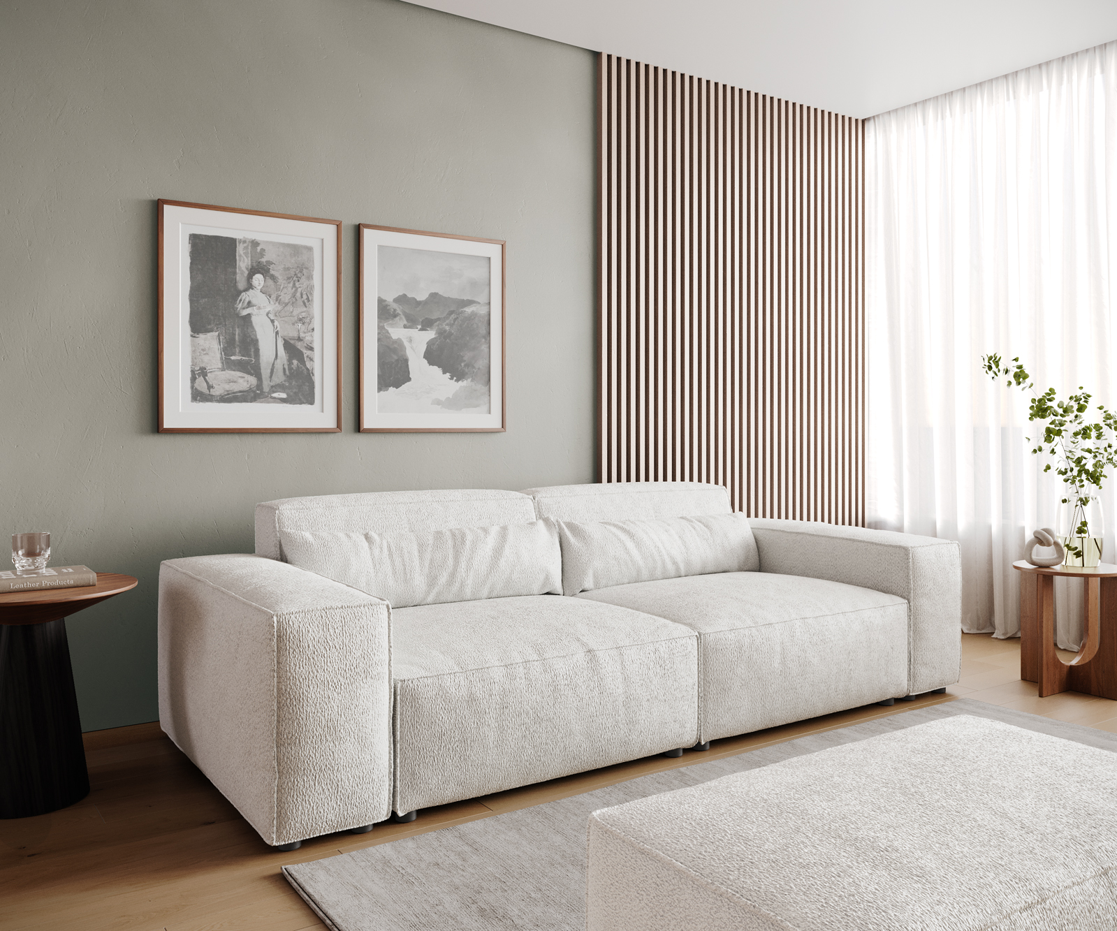 DELIFE Big-Sofa Sirpio L 260×110 cm Bouclé Creme-Weiß mit Hocker, Big Sofas