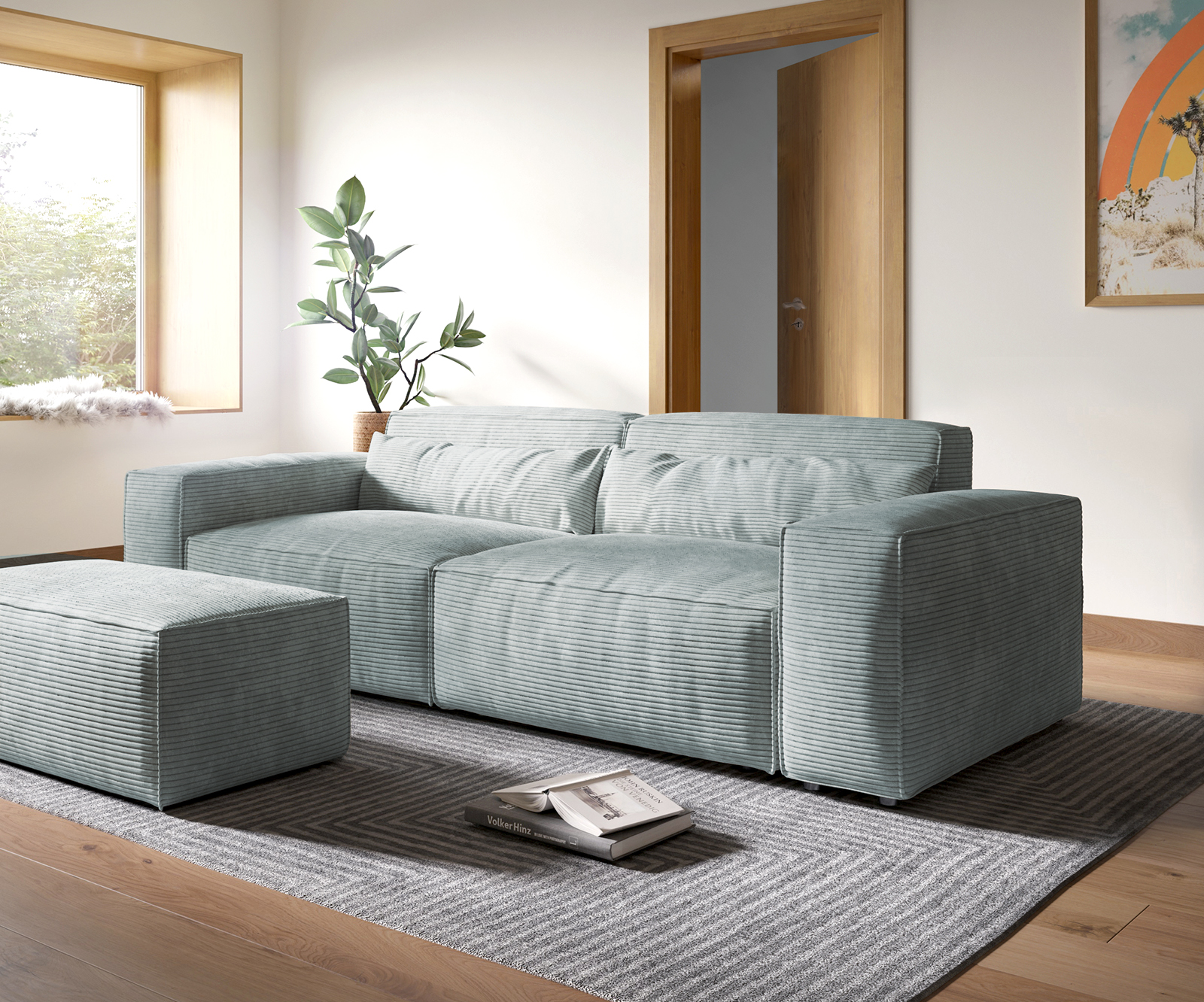 DELIFE Big-Sofa Sirpio XL 270×130 cm Cord Pastellblau mit Hocker, Big Sofas