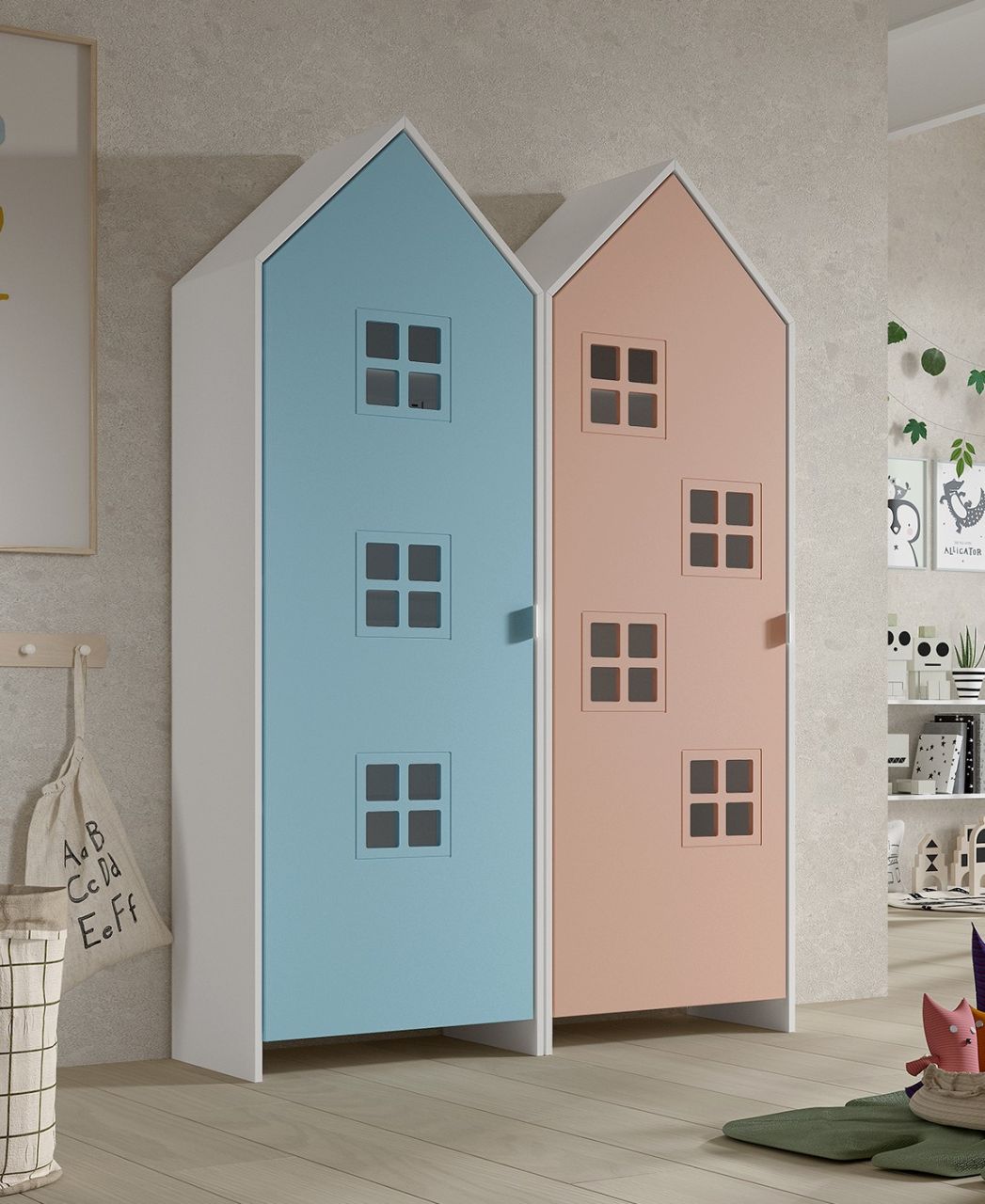 Set: 2 Schränke 1-türig CASAMI BRUGES Jugendschrank Wäscheschrank Weiß Blau Pink