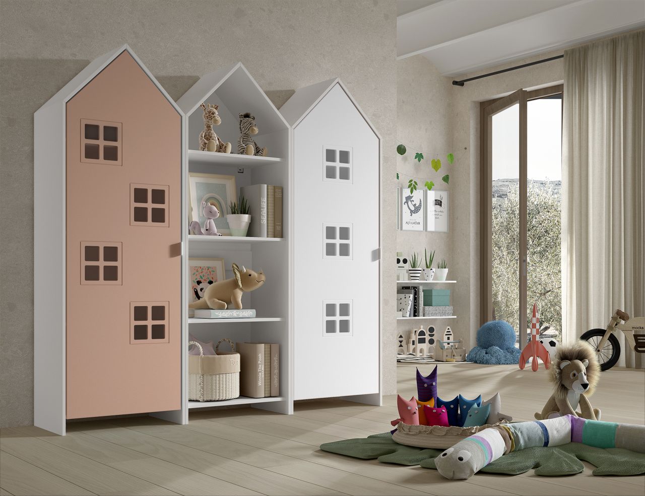 Set: 2 Schränke + Regal CASAMI BRUGES Jugendschrank Wäscheschrank Weiß Pink