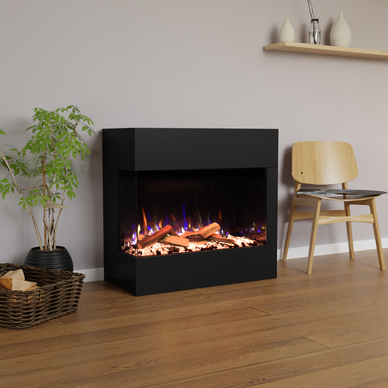 Glow Fire Portia Mini Elektrokamin E-Motion 3D Schwarz Keramikholz, Steine (Kristall und schwarz) linksoffen