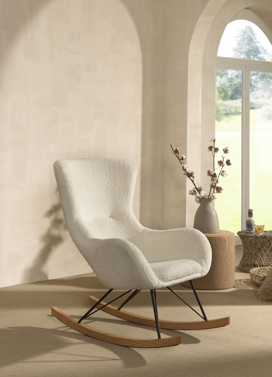 Schaukelstuhl Sessel Massivholzkufen hochwertige Polsterung – Bouclé Creme Weiß
