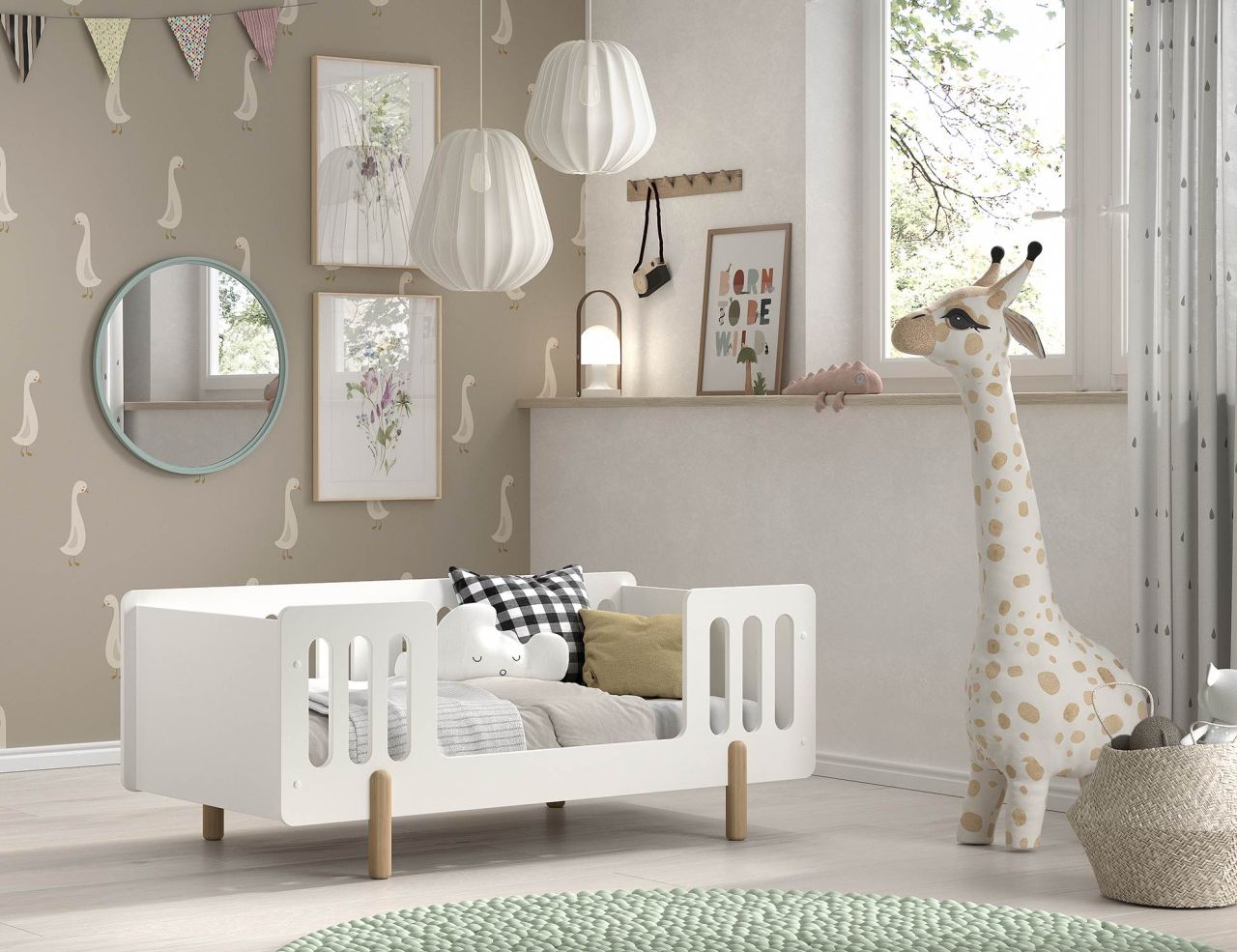 Juniorbett 70×140 mit Umrandung und Lattenrost Kinderbett Gitterbett offen Weiß