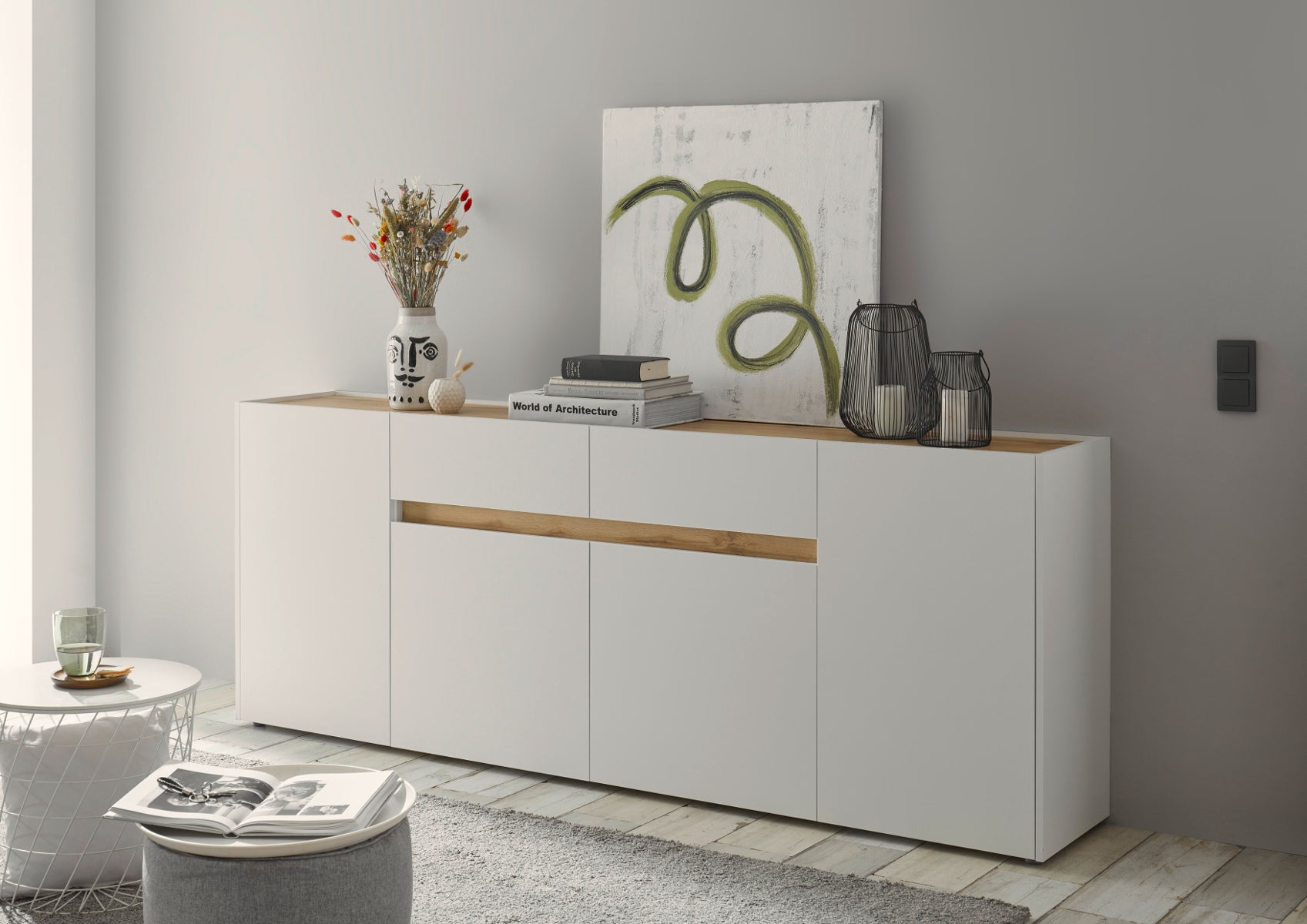 Sideboard 220×87 cm Eiche Weiss 4-türig + 2 Schubkästen BOSTON