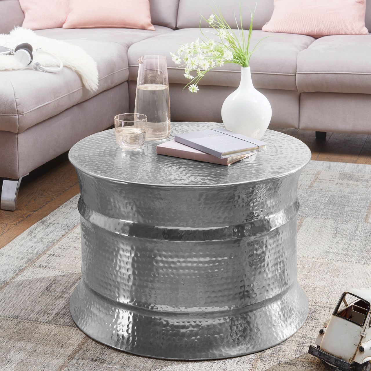 Couchtisch 62x41x62cm Aluminium Silber Beistelltisch orientalisch rund