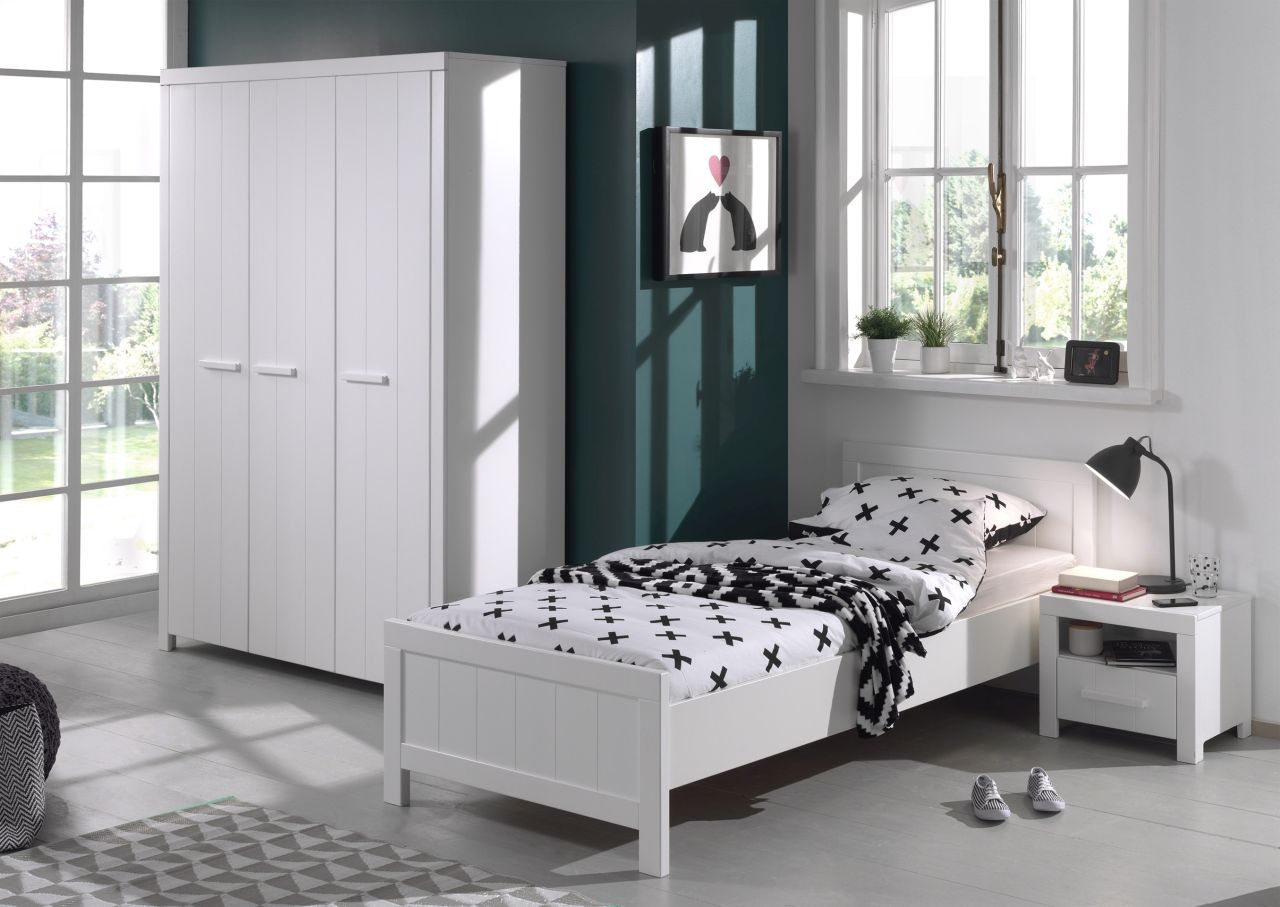 Set Einzelbett 90×200 Nachtkonsole Kleiderschrank Kindermöbel Lattenrost Weiß