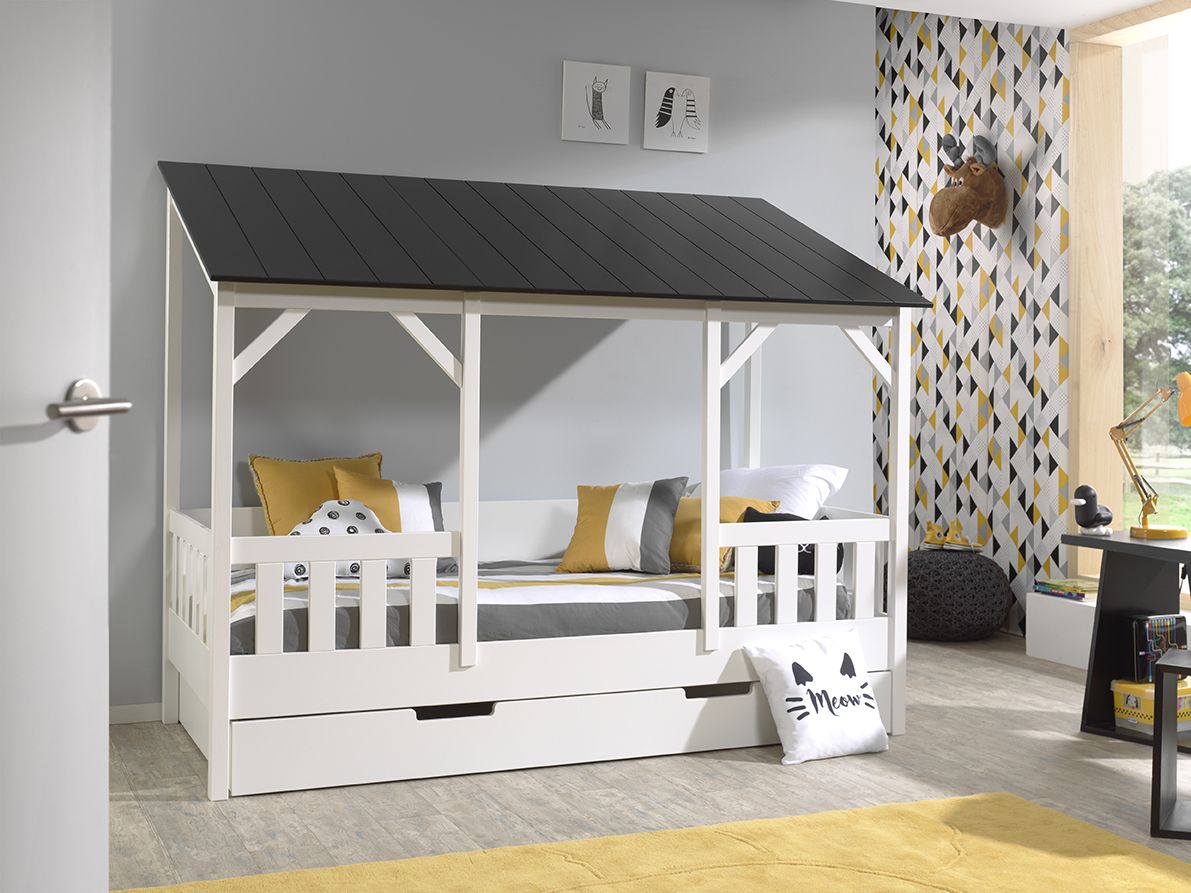 Vipack: Hausbett + Bettschublade – Spielbett Kinderbett Jugendbett Weiß-Schwarz