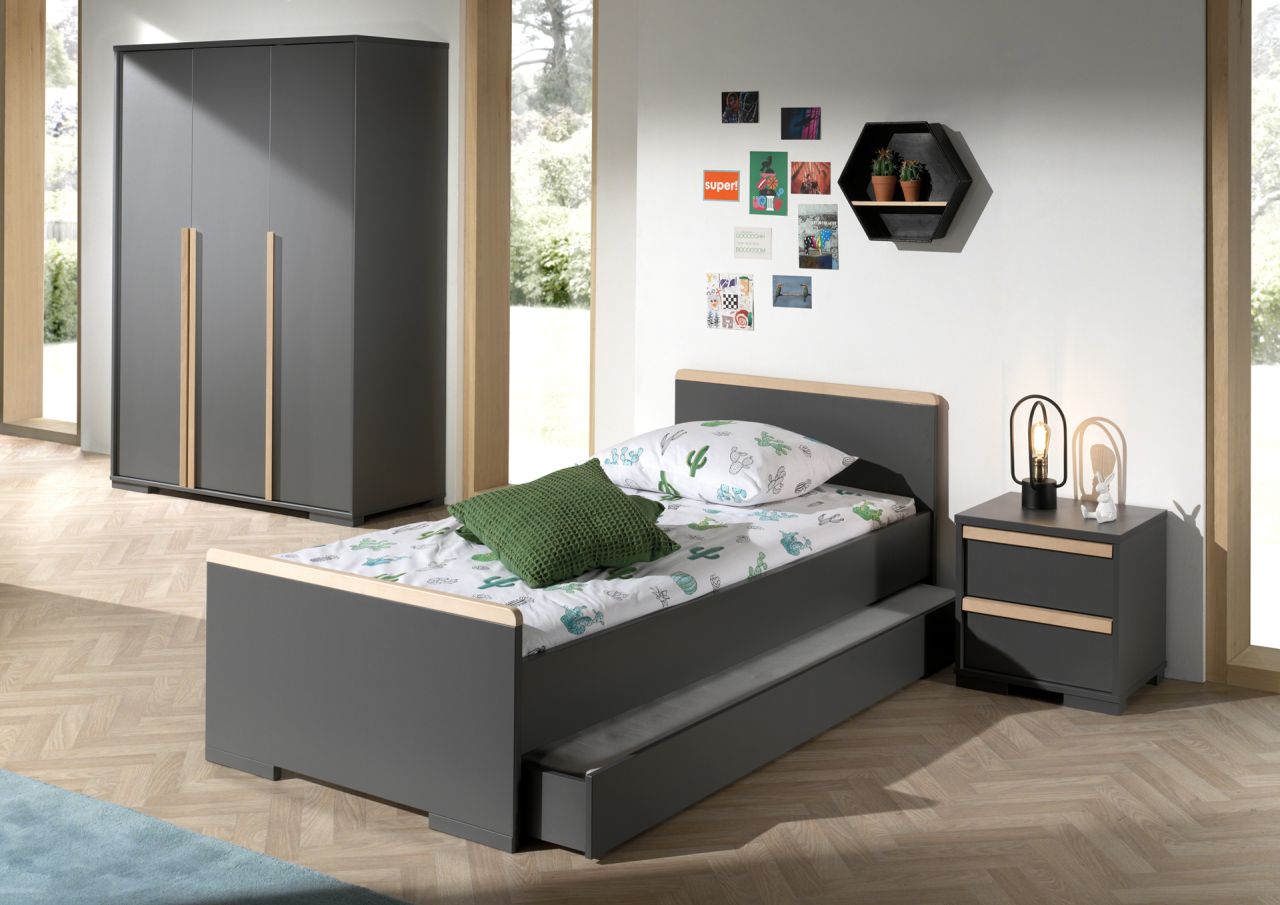 Vipack:Artikelset „LONDON“ 4-Teilig-Kinderzimmerset mit Bett – Anthrazit / Buche