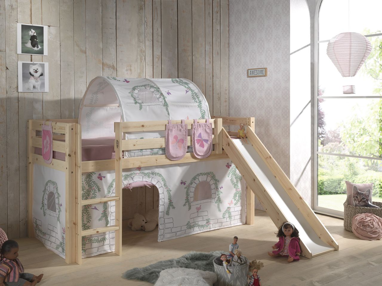 Vipack PINO Spielbett mit Rutsche 90 x 200 und Textilset Birdy – Massiv Natur