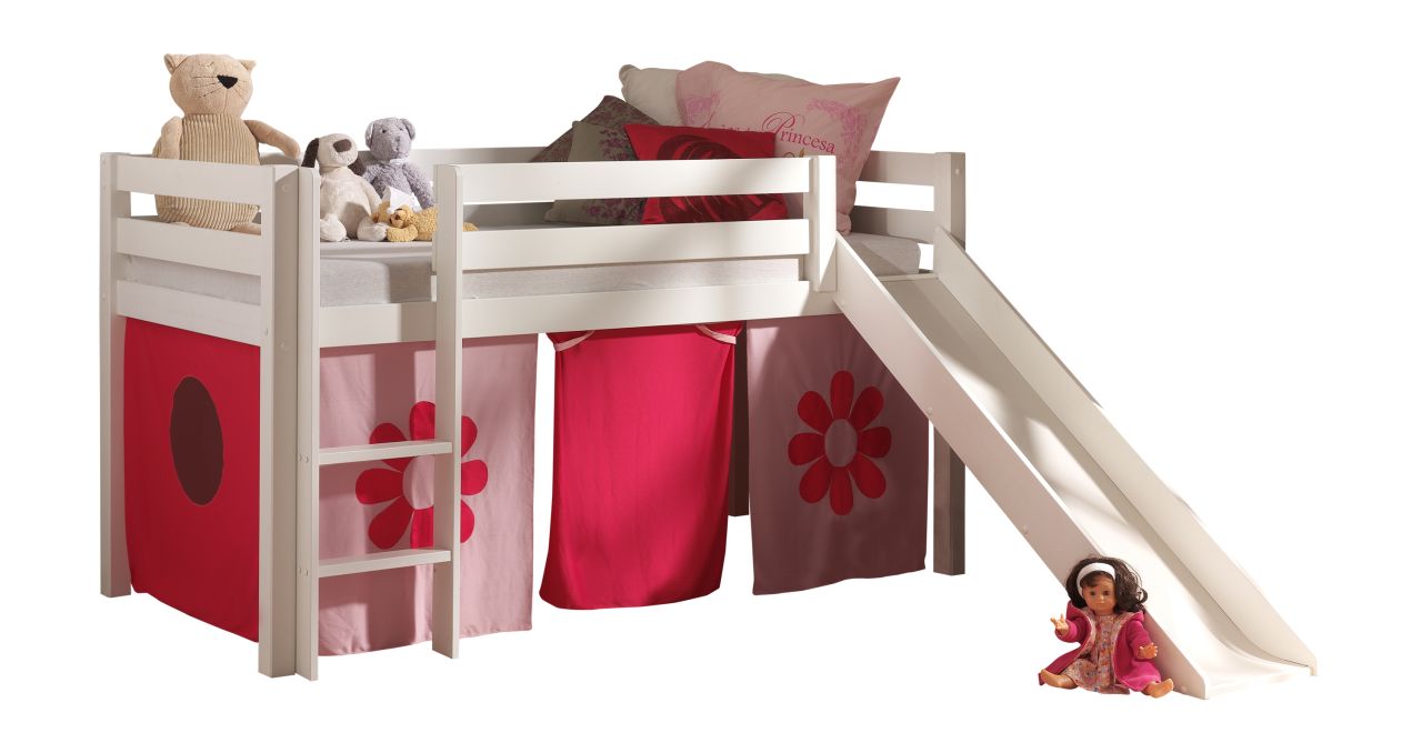 Spielbett Hochbett Kinderbett 90×200 Vorhang Blumen Rutsche Massivholzbett Rosa