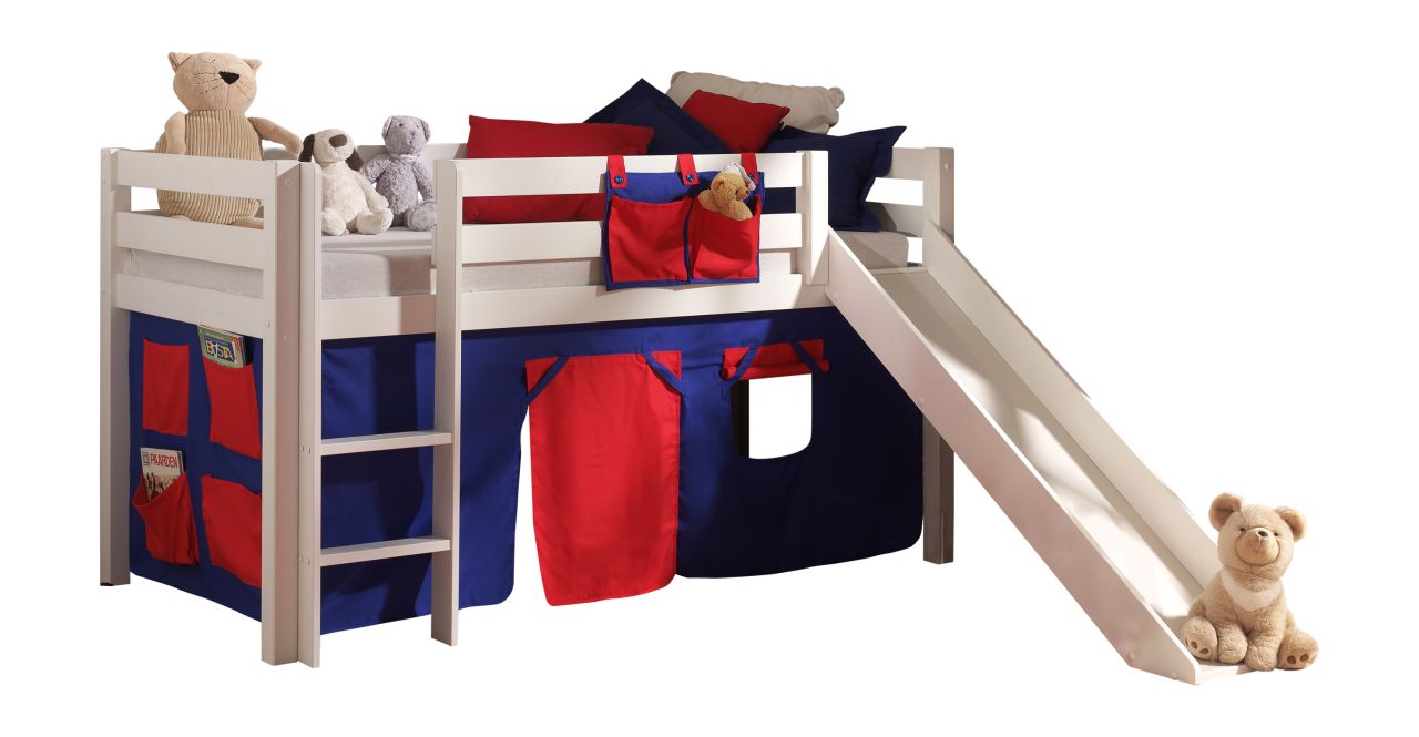 Spielbett Hochbett Kinderbett 90×200 Vorhang Rutsche Massivholz Weiß Lattenrost