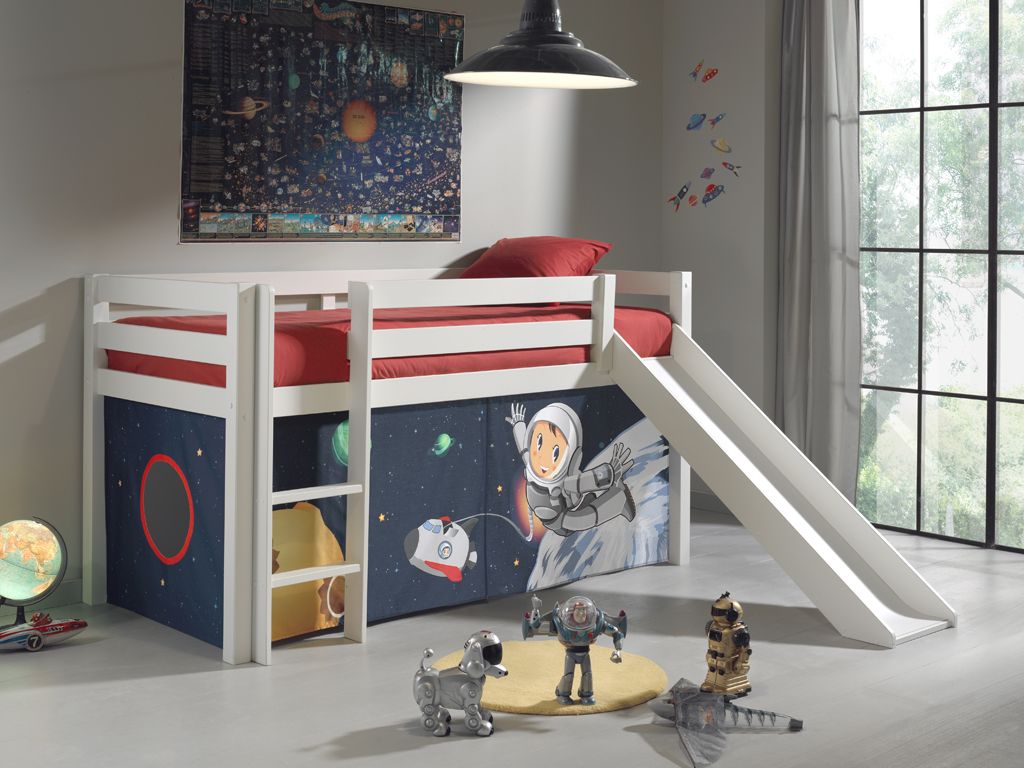 Spielbett Hochbett Kinderbett 90×200 Vorhang Astronaut Weltraum Rutsche Weiß