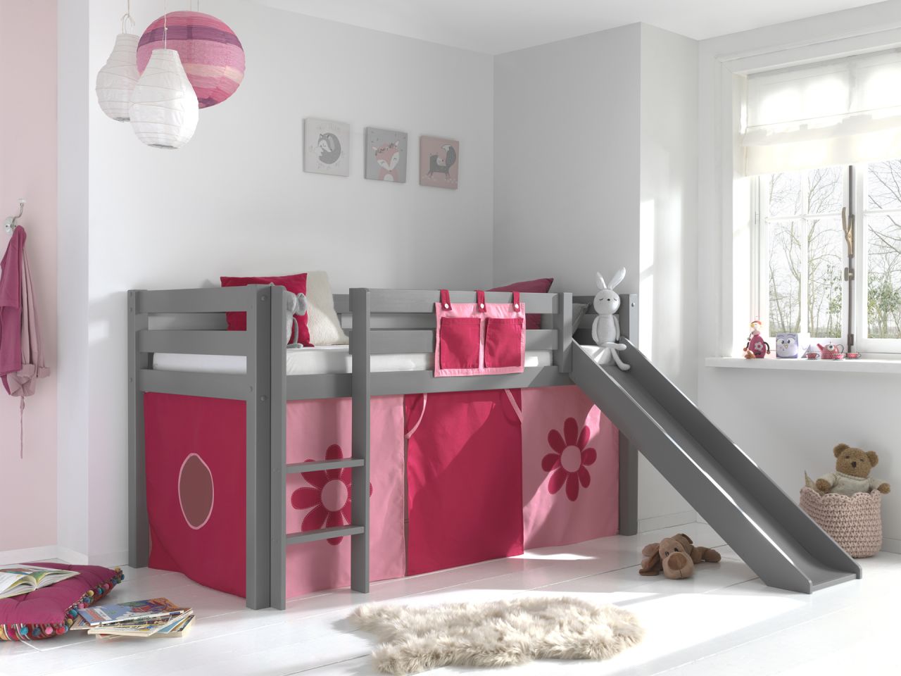 Vipack:Spielbett „Pino“ + Rutsche+Textilset-Jugend/Kinderbett Pink Rosa Hochbett