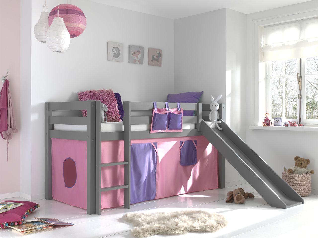 Spielbett Rutsche Textilset 90×200 Kinderbett Lattenrost Hochbett grau pink rosa