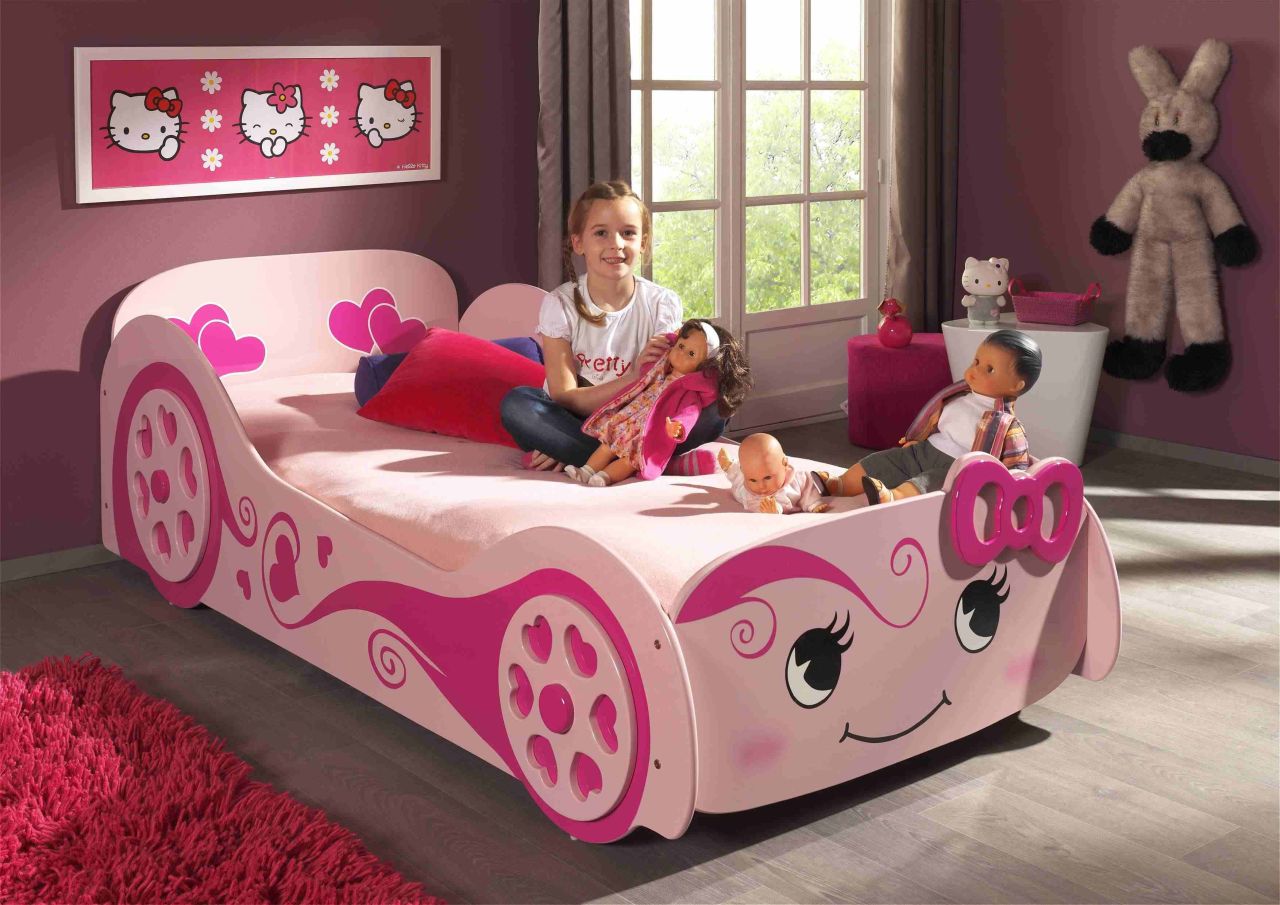 Autobett inkl Matratze 90×200 Rennauto Car Kinderbett Lattenrost Rennwagen rosa