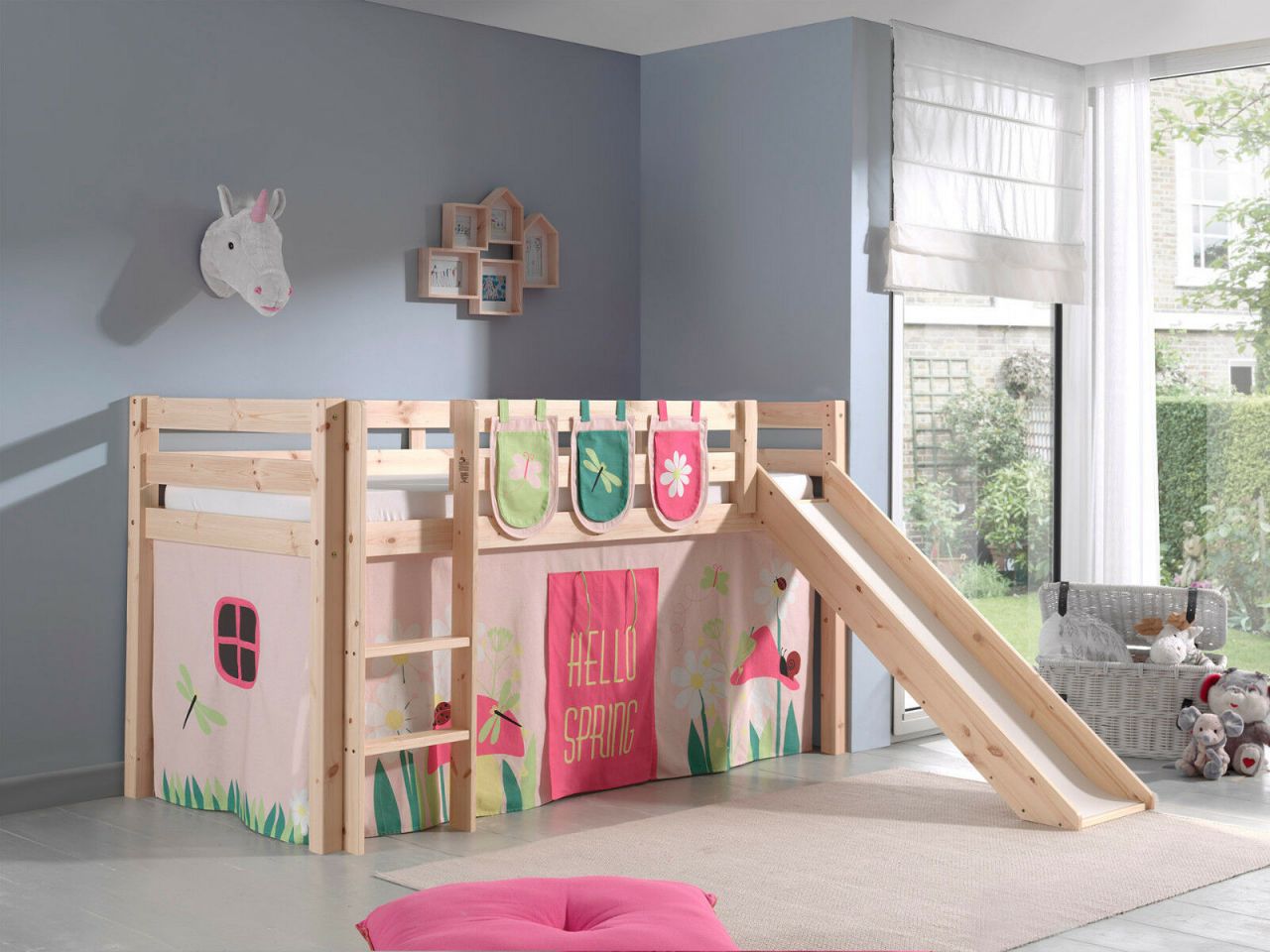 Spielbett Hochbett Kinderbett 90×200 Vorhang Blumen Holz Weiß Rosa Rutsche Pink