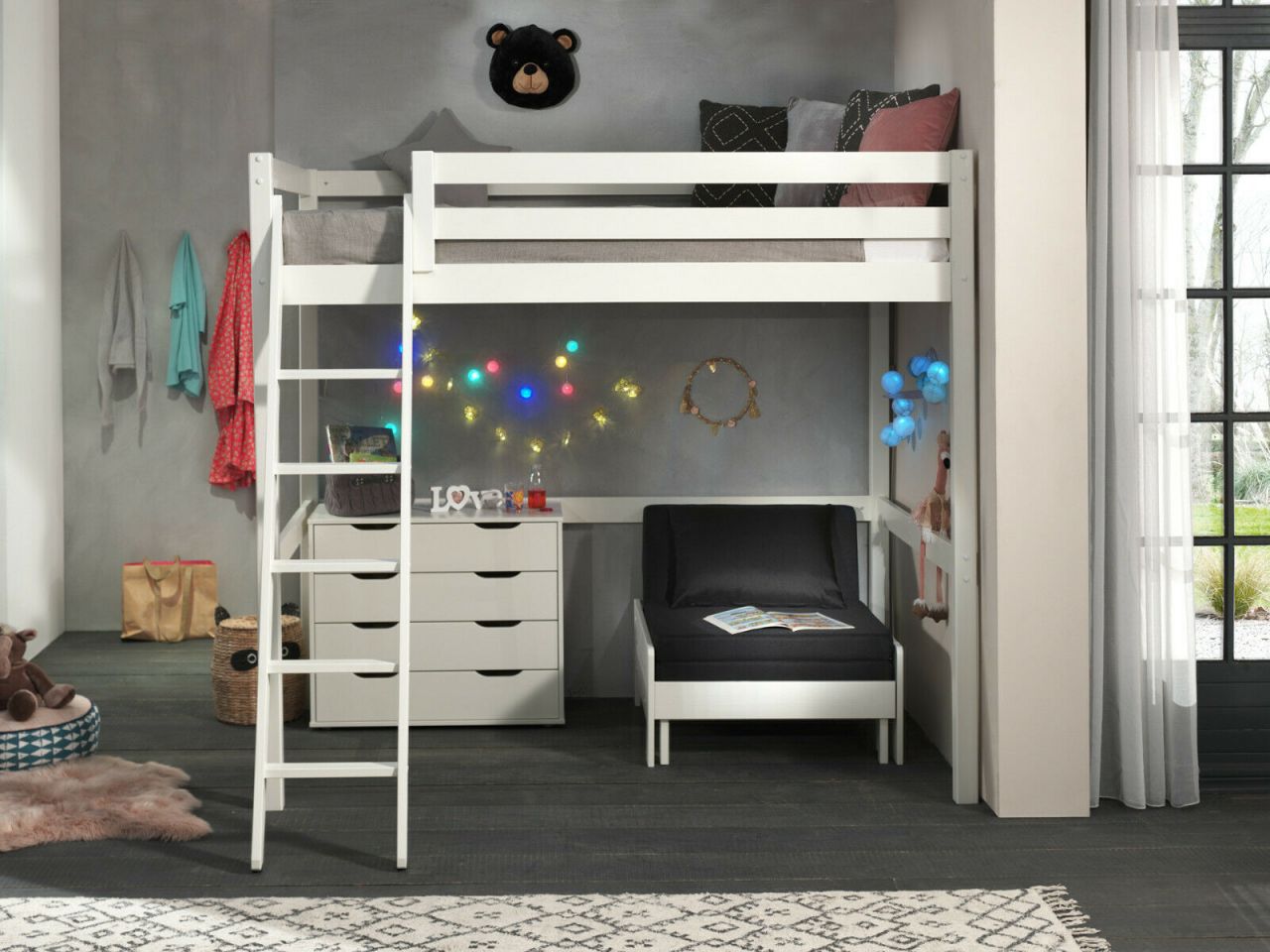 Vipack:Hochbett Pino 140 x 200+Sesselbett+Kommode- Jugend/Kinderbett Spielbett