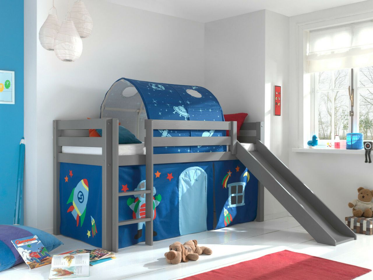 Vipack:Spielbett Pino mit Rutsche+Textilset+Tunnel -Jugend/Kinderbett Hochbett