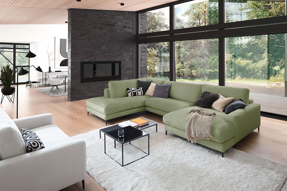 KAWOLA Sofa CARA Wohnlandschaft U-Form Cord olivgrün