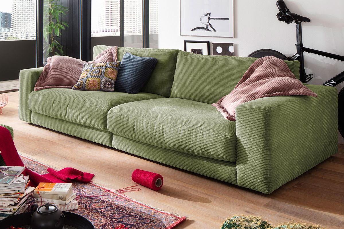 KAWOLA Sofa MADELINE 3-Sitzer Cord olivgrün