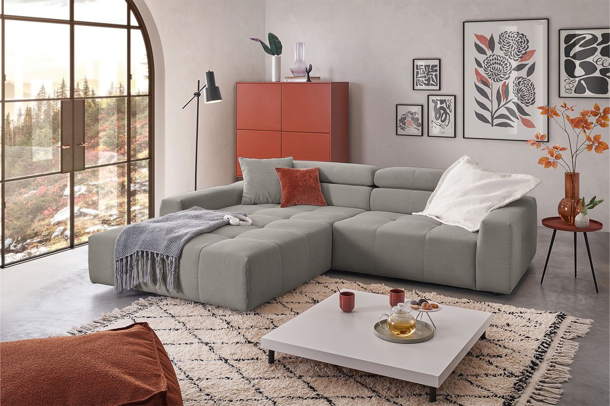 KAWOLA Sofa RENO Ecksofa Feincord grau