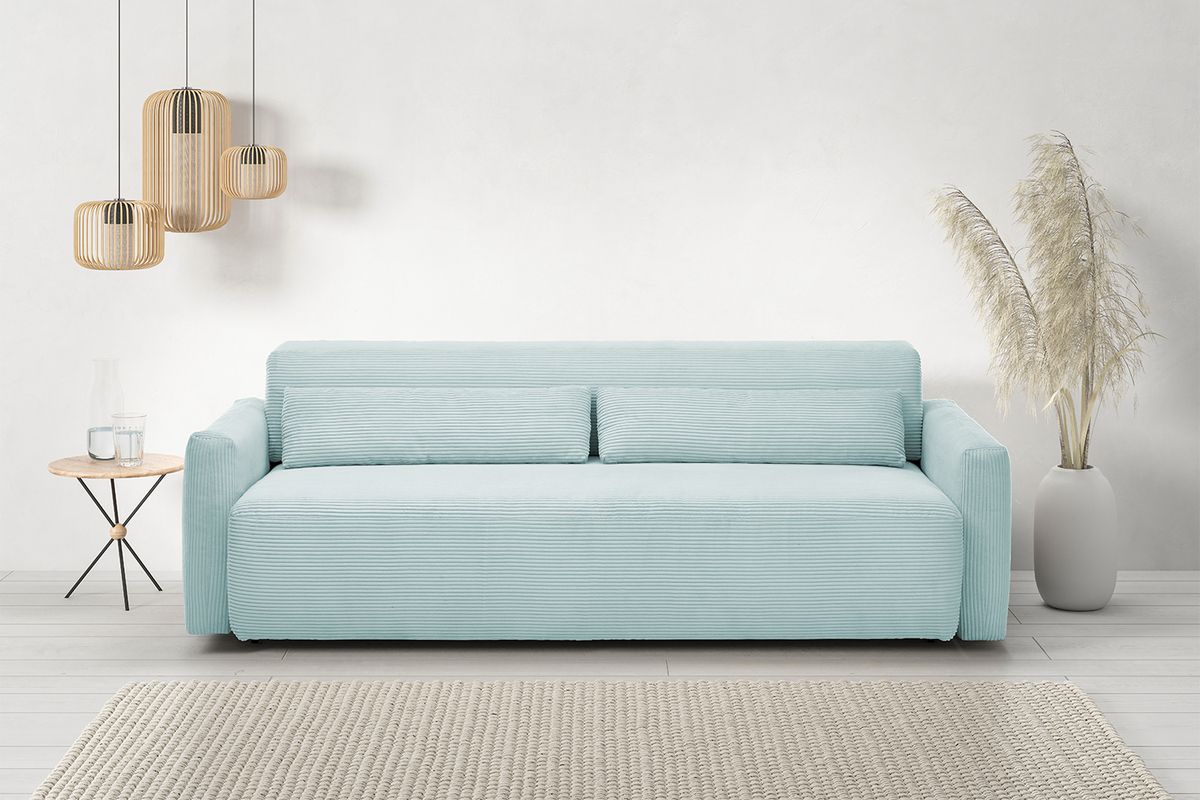 KAWOLA Sofa NEO Schlafsofa Bettsofa Cord hellblau