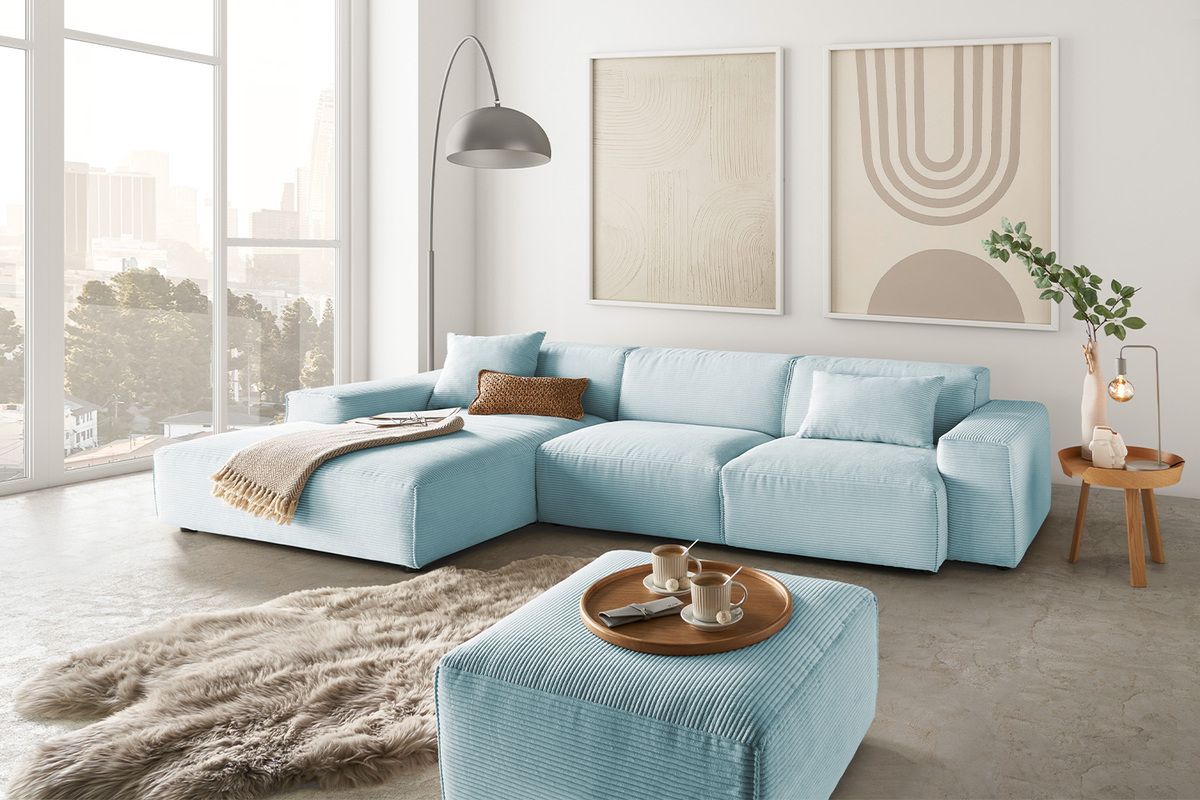 KAWOLA Sofa RANI Ecksofa Cord hellblau