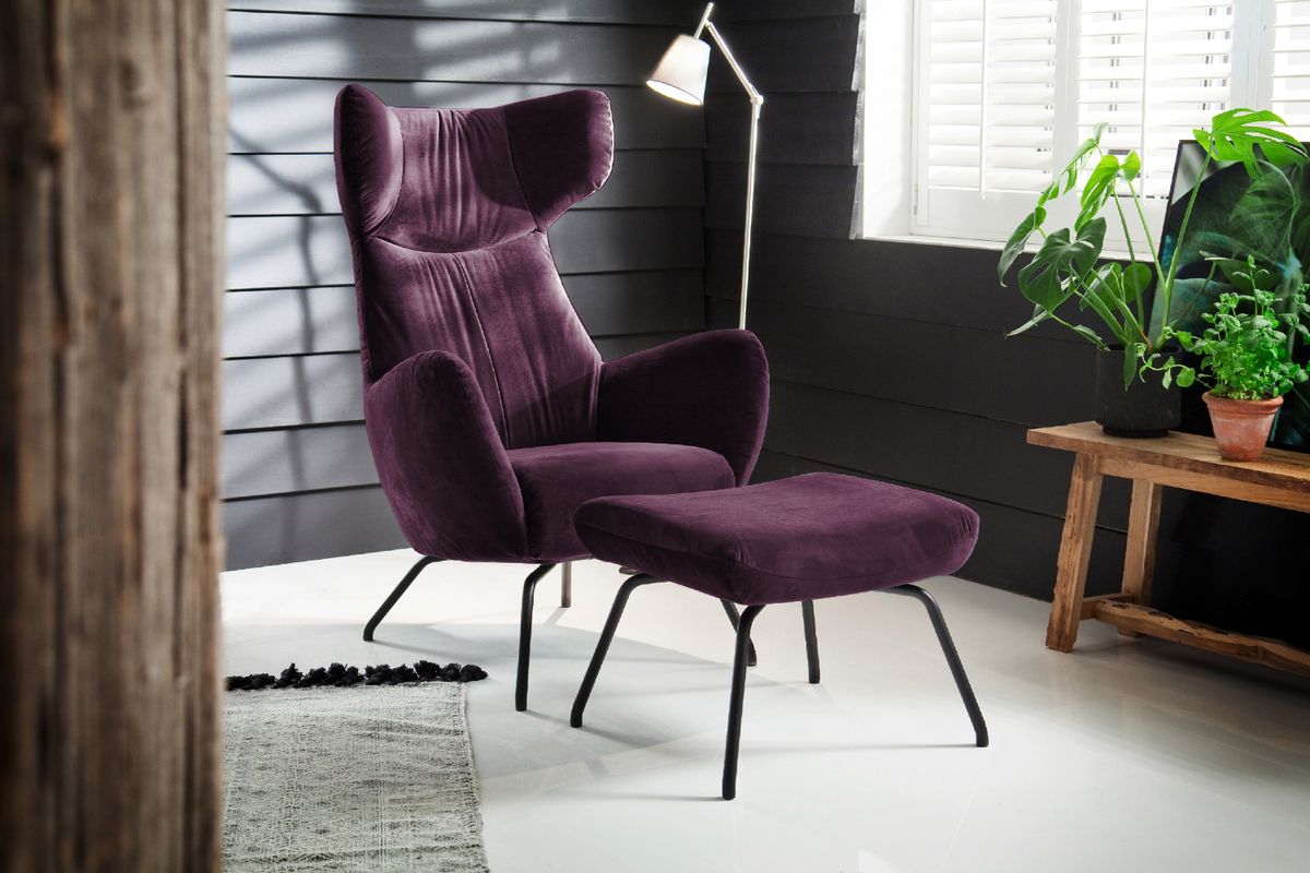 KAWOLA Sessel LOTTE Ohrensessel velvet purple mit Hocker