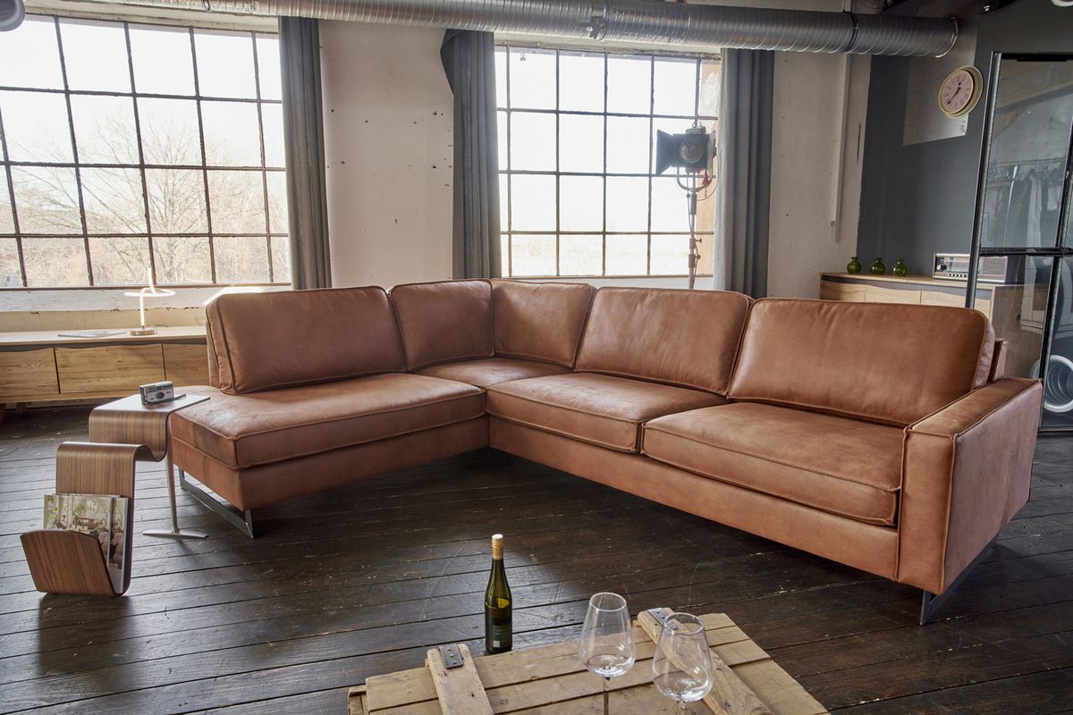 KAWOLA Ecksofa VILNIUS 3-Sitzer mit Recamiere links Kunstleder mit Lederanteil cognac