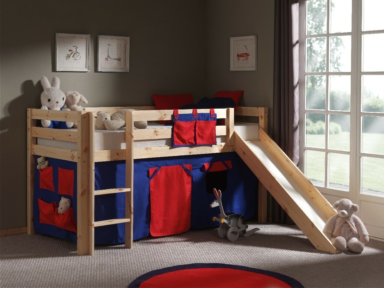 Spielbett Hochbett Kinderbett 90×200 Vorhang Rutsche Massivholz Lattenrost Blau