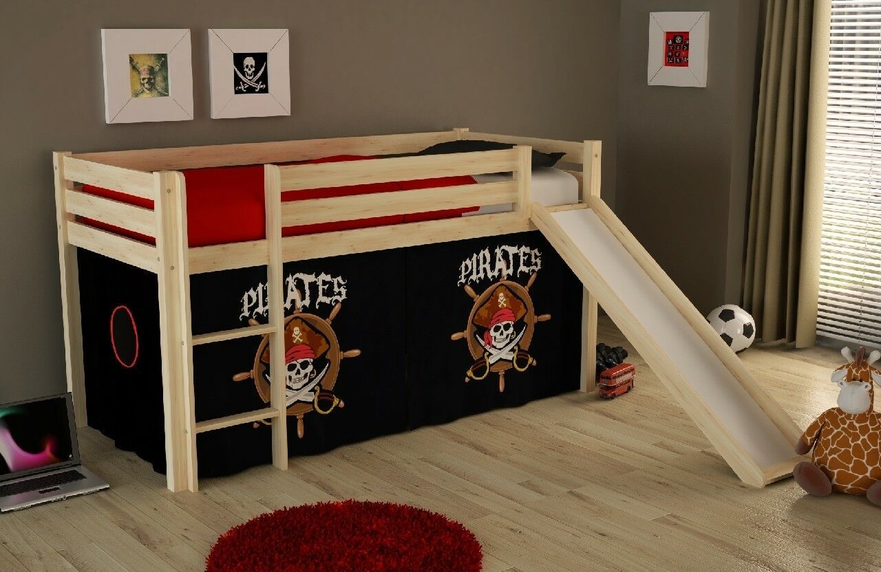 Spielbett Hochbett Kinderbett 90×200 Vorhang Rutsche Pirat Massivholzbett Natur